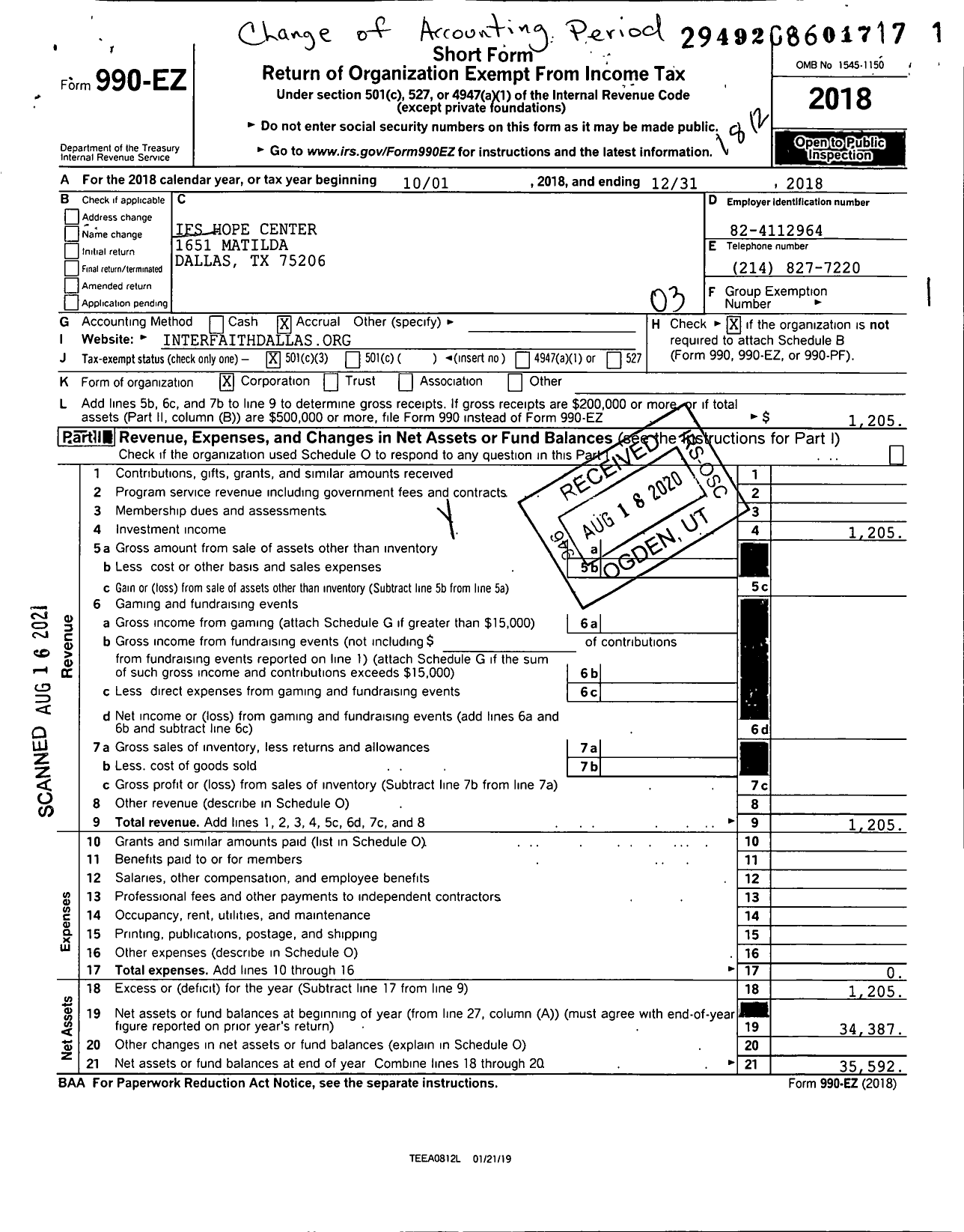 Image of first page of 2018 Form 990EZ for Ifs Hope Center