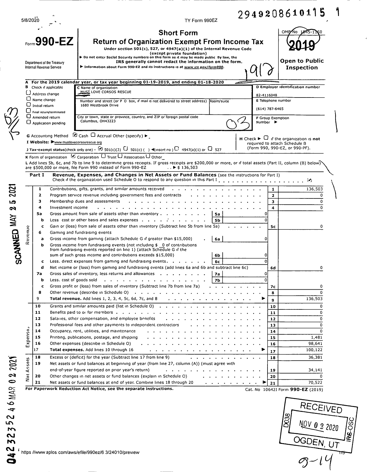 Image of first page of 2019 Form 990EZ for Must Love Corsos Rescue