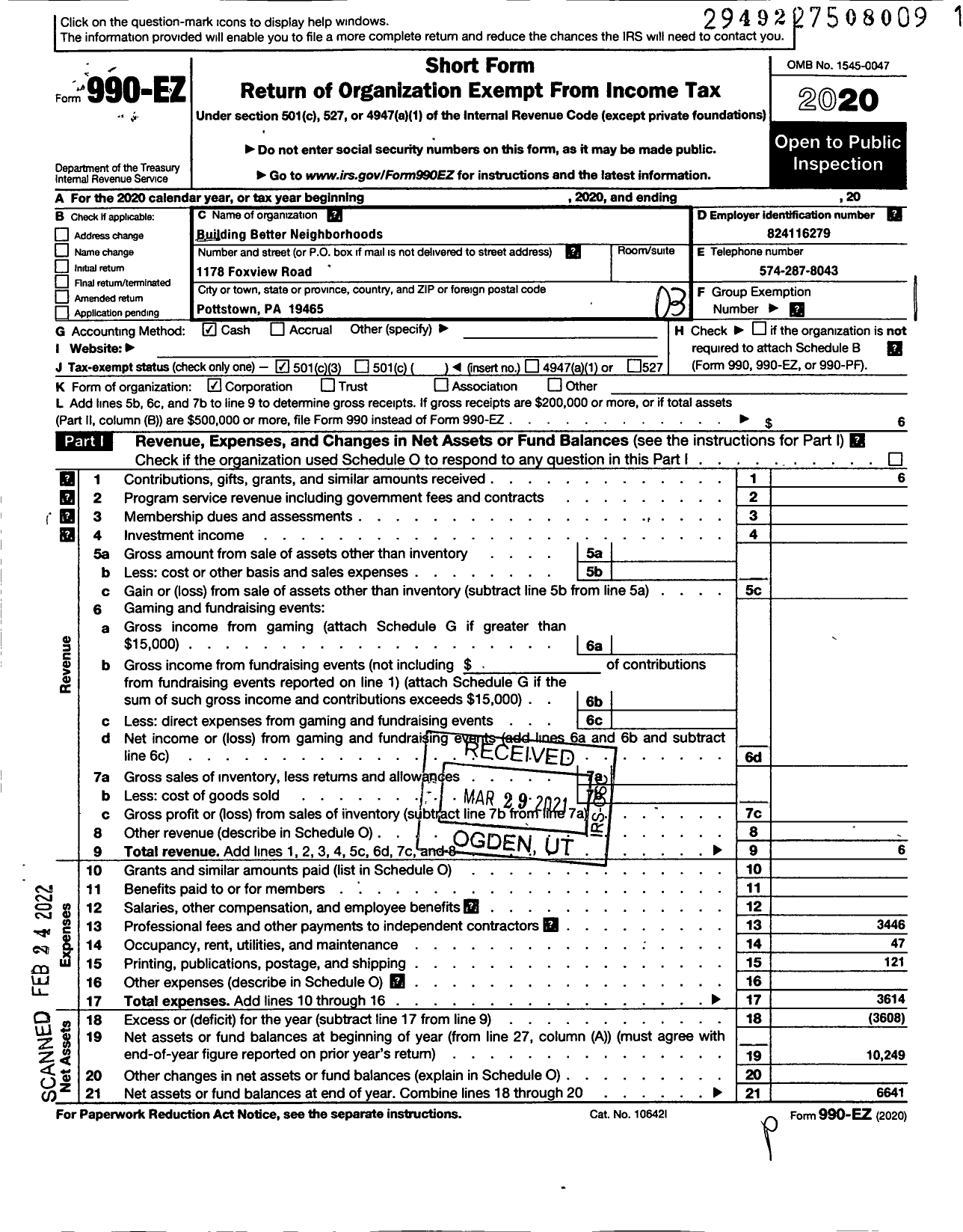 Image of first page of 2020 Form 990EZ for Building Better Neighborhoods