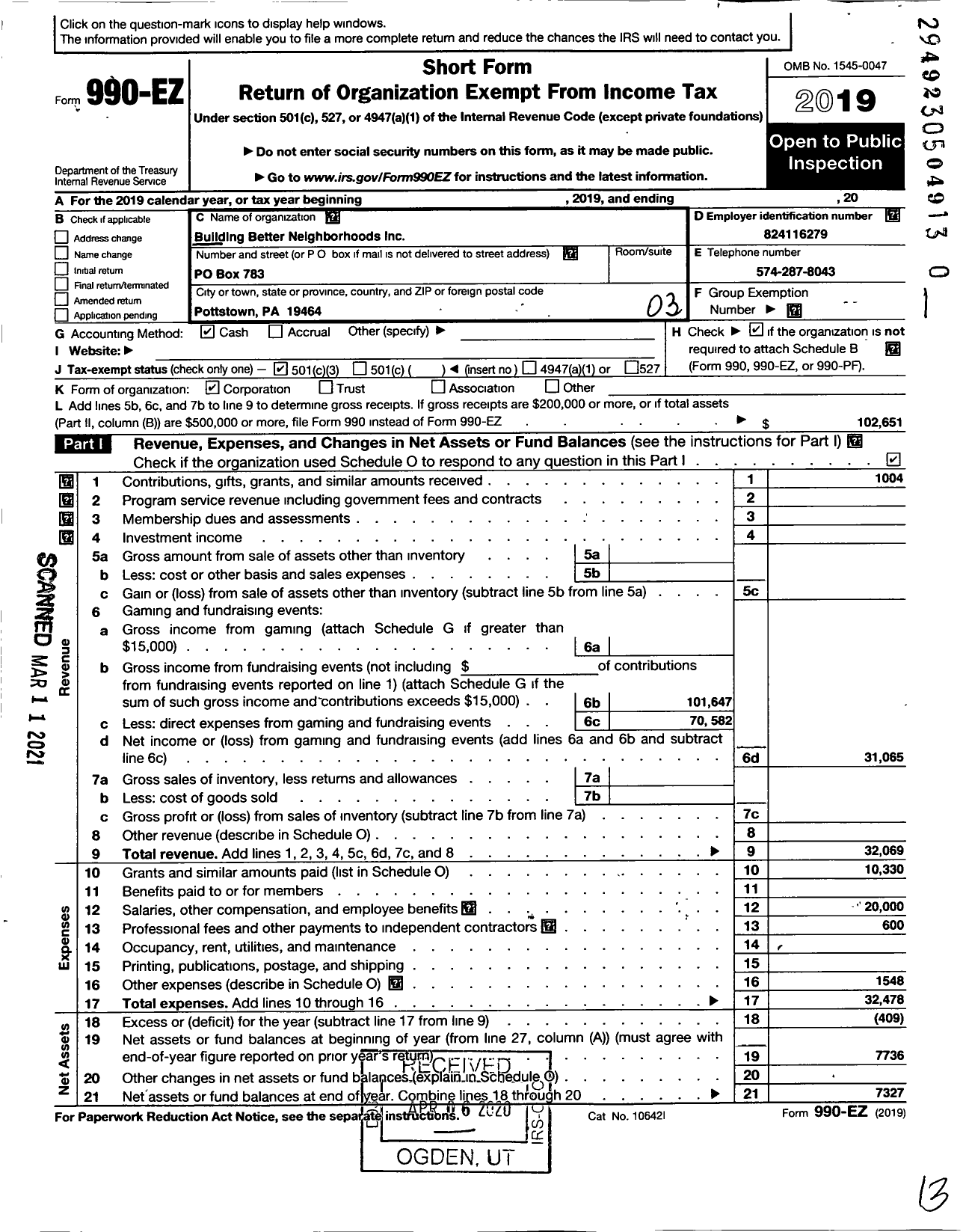 Image of first page of 2019 Form 990EZ for Building Better Neighborhoods