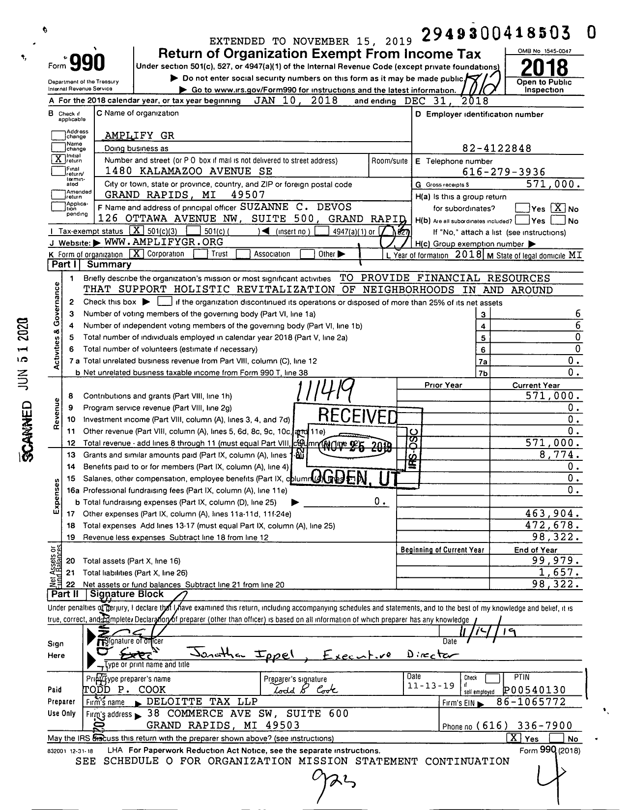 Image of first page of 2018 Form 990 for Amplify GR