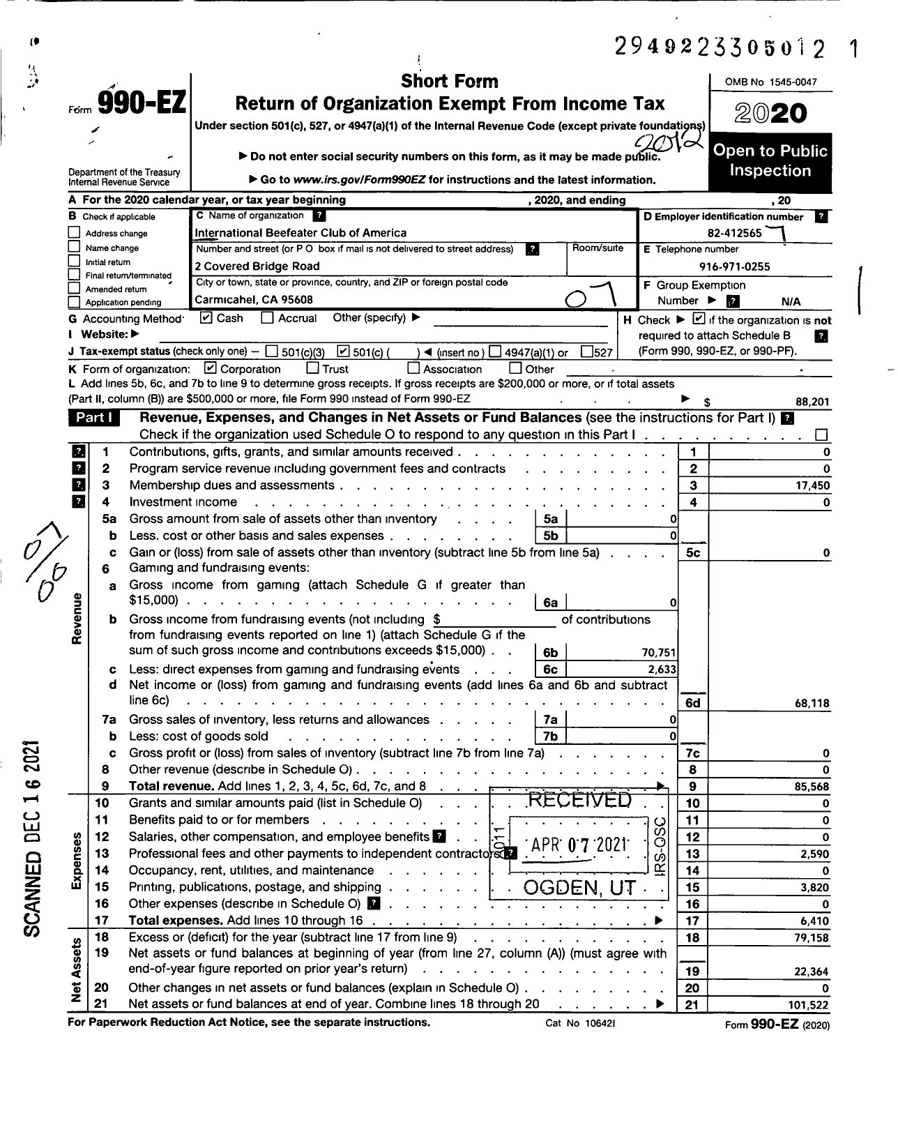 Image of first page of 2020 Form 990EO for International Beefeater Club of America