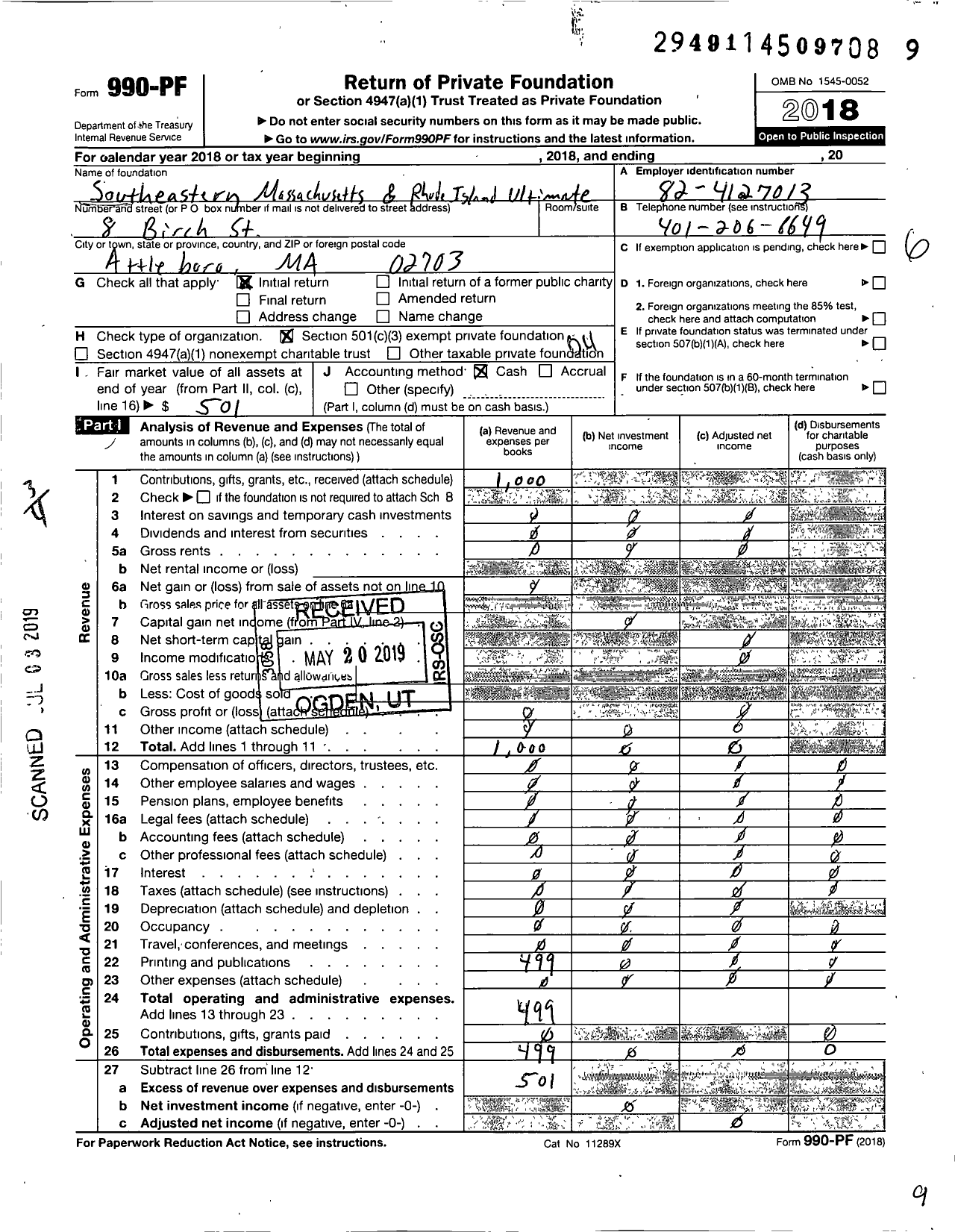 Image of first page of 2018 Form 990PF for Southeastern Massachusetts and Rhode Island Ultimate