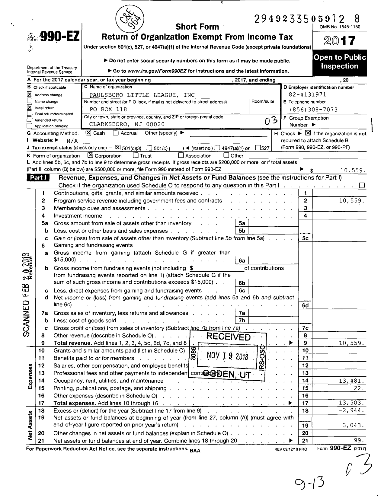 Image of first page of 2017 Form 990EZ for Little League Baseball - 2301508 Paulsboro LL