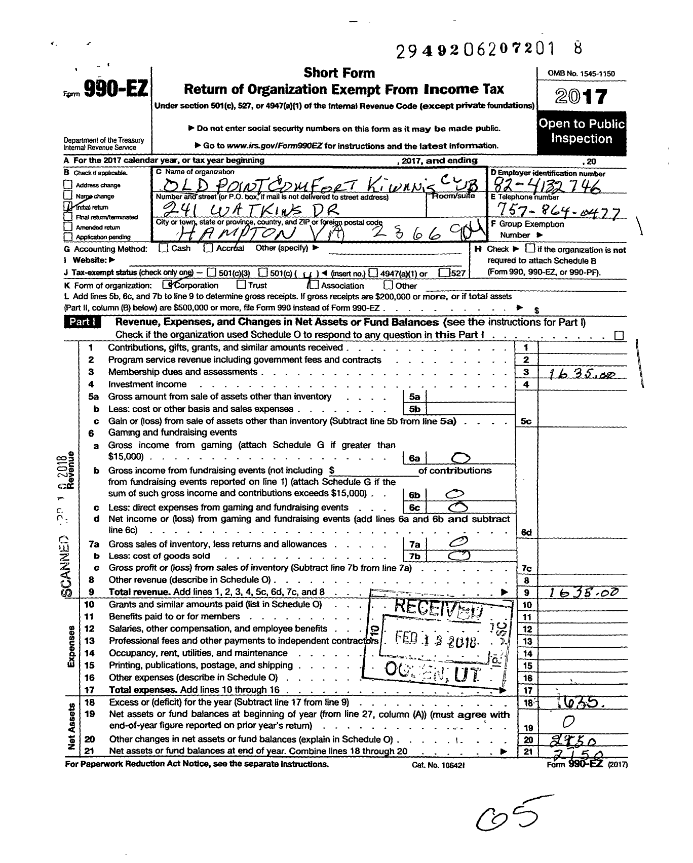 Image of first page of 2017 Form 990EO for Kiwanis International - K10322 Kiwanis of Old Point Comfort