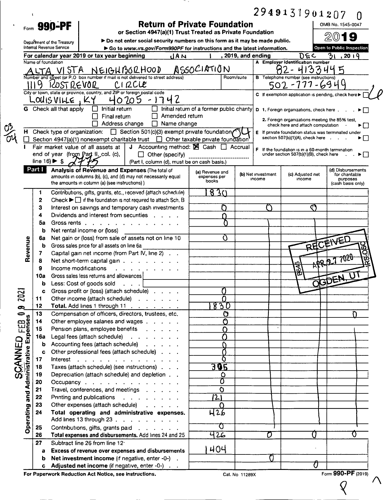 Image of first page of 2019 Form 990PF for Alta Vista Neighborhood Association