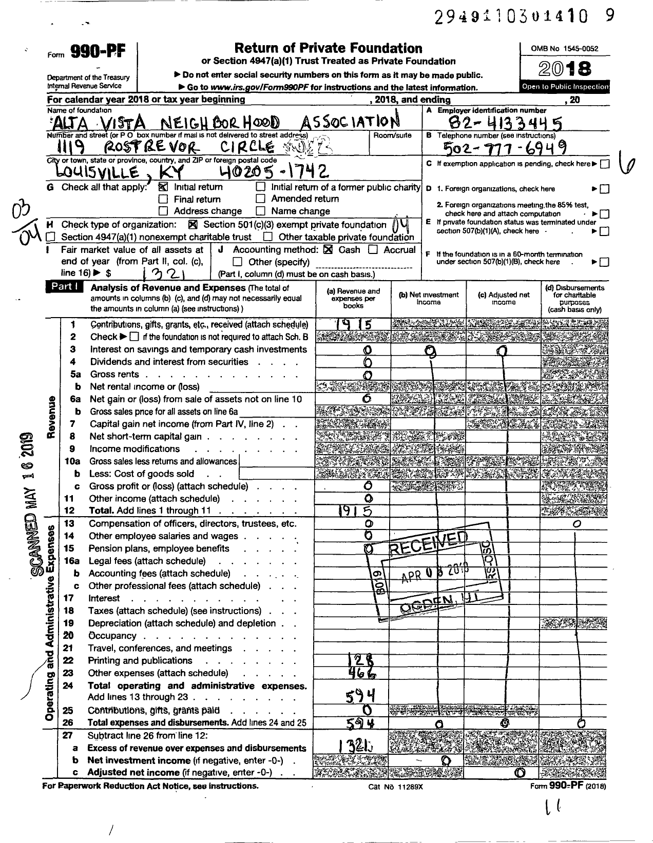 Image of first page of 2018 Form 990PF for Alta Vista Neighborhood Association