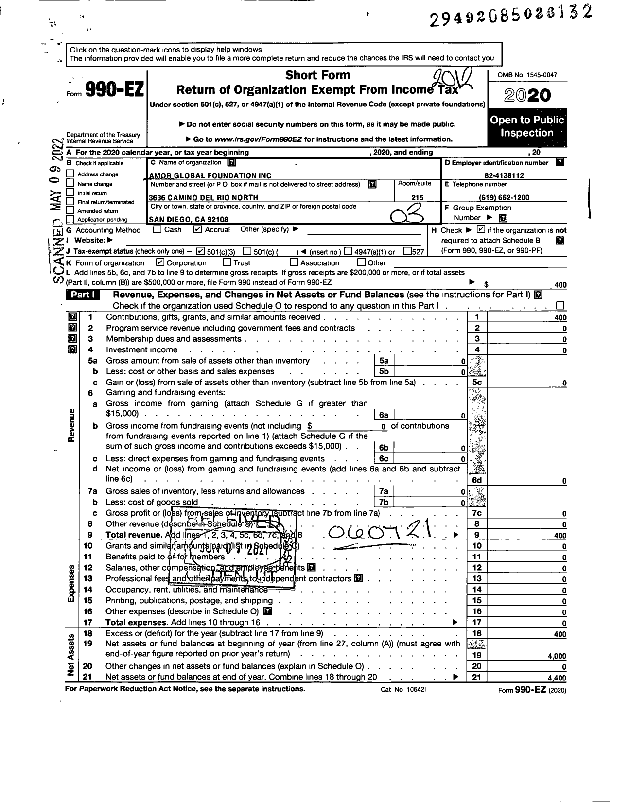 Image of first page of 2020 Form 990EZ for Amor Global Foundation