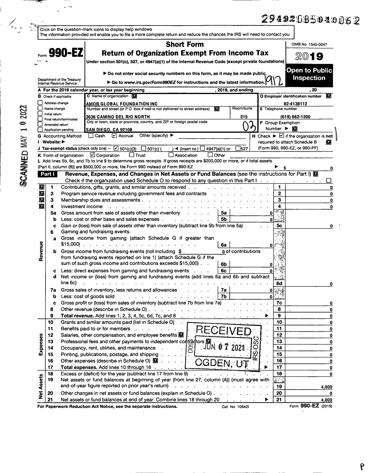 Image of first page of 2019 Form 990EZ for Amor Global Foundation