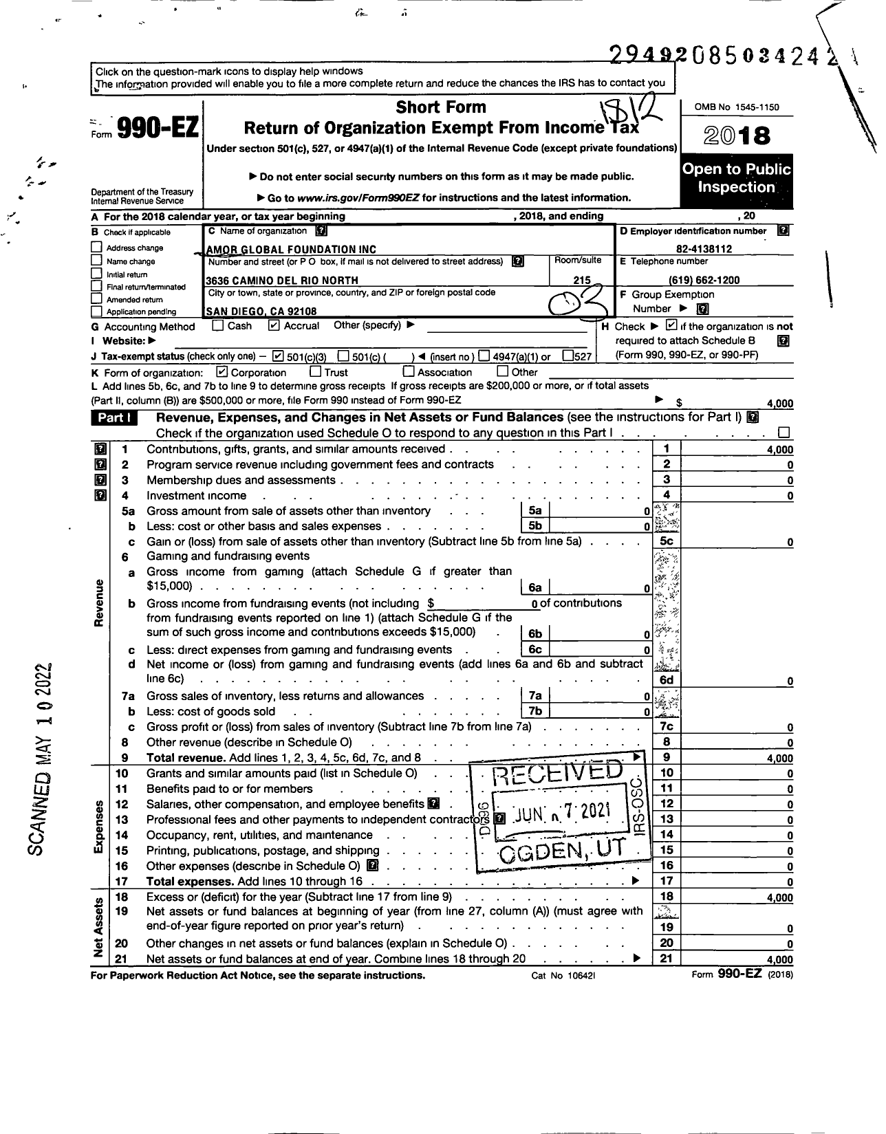 Image of first page of 2018 Form 990EZ for Amor Global Foundation