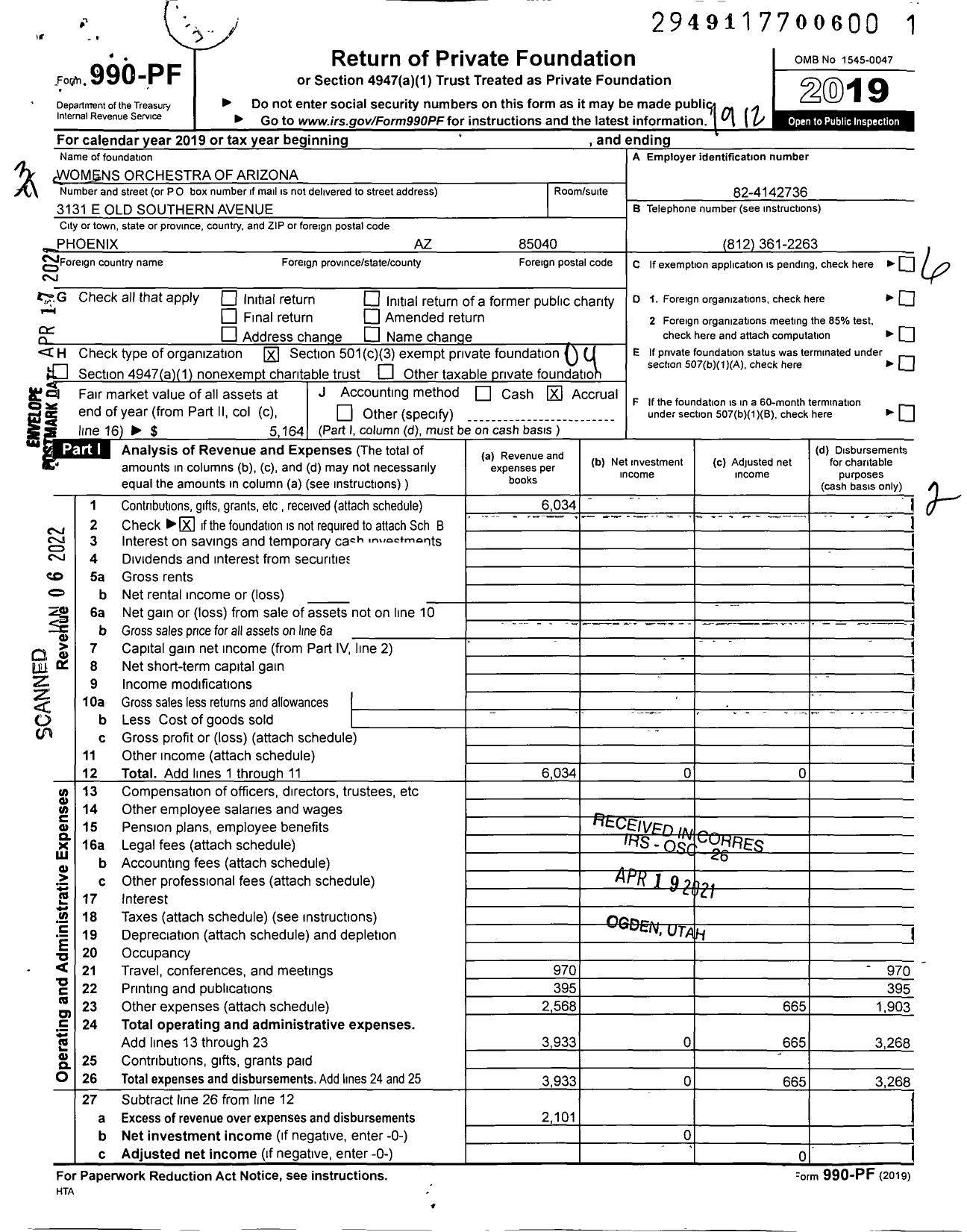 Image of first page of 2019 Form 990PF for Womens Orchestra of Arizona