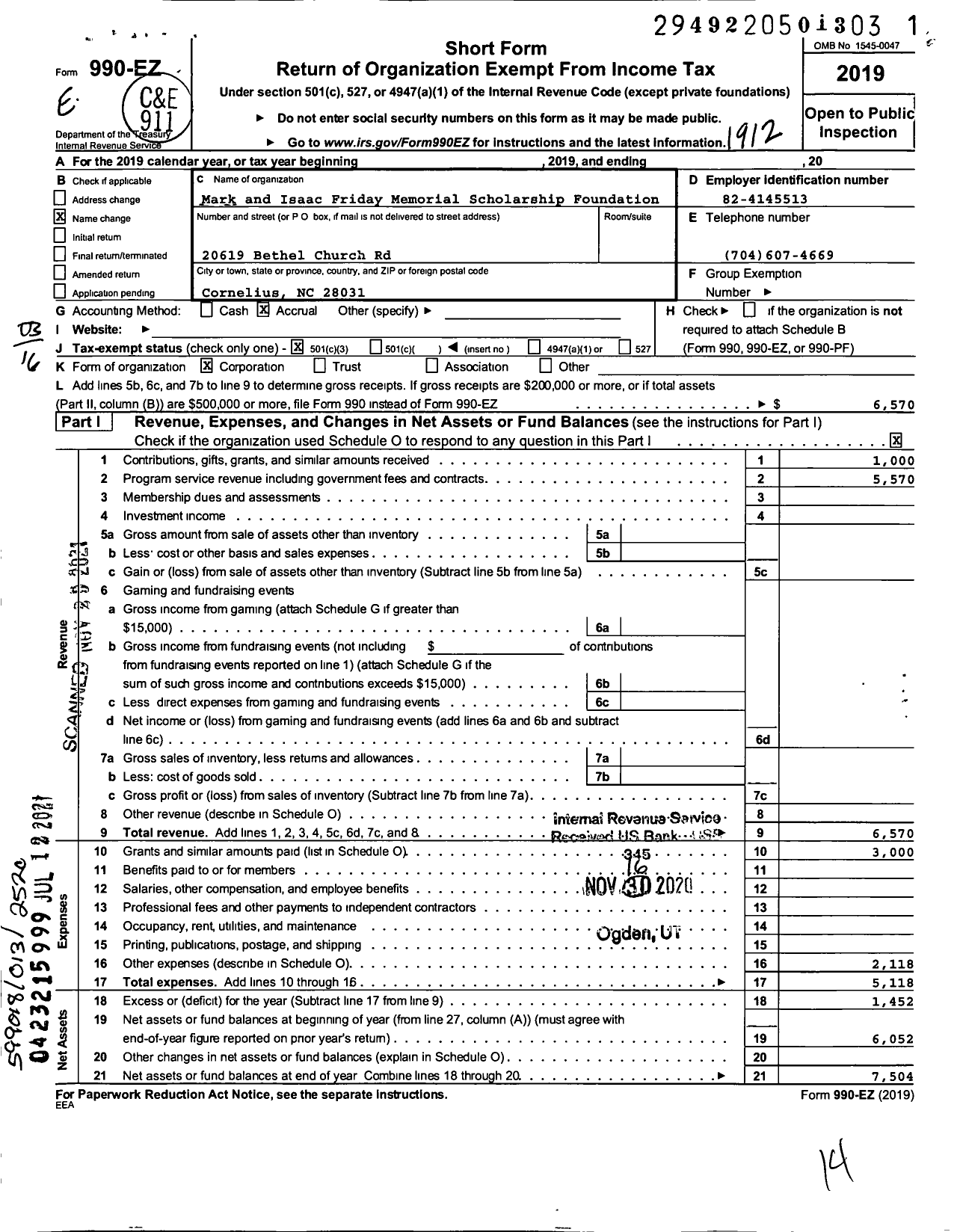 Image of first page of 2019 Form 990EZ for Mark and Isaac Friday Memorial Scholarship Foundation