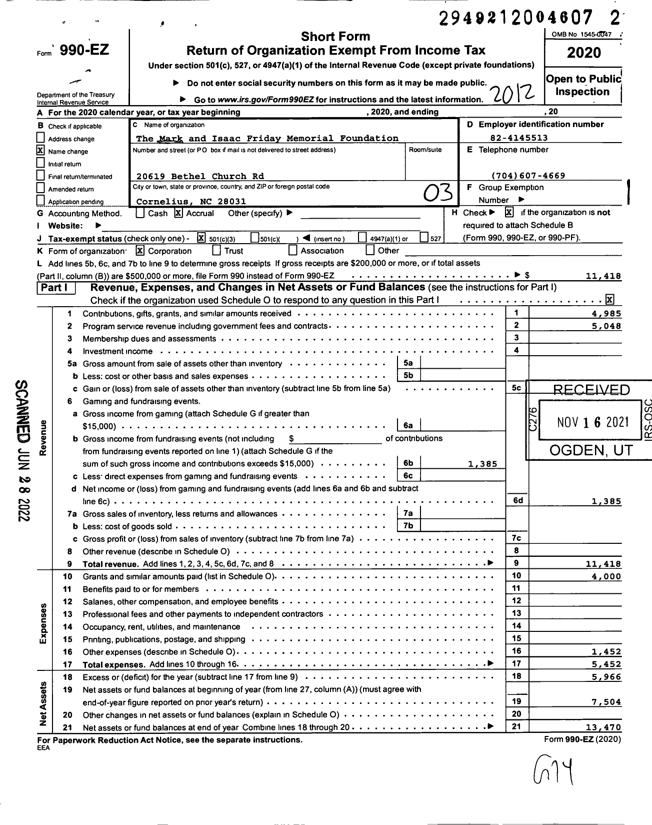 Image of first page of 2020 Form 990EZ for Mark and Isaac Friday Memorial Scholarship Foundation