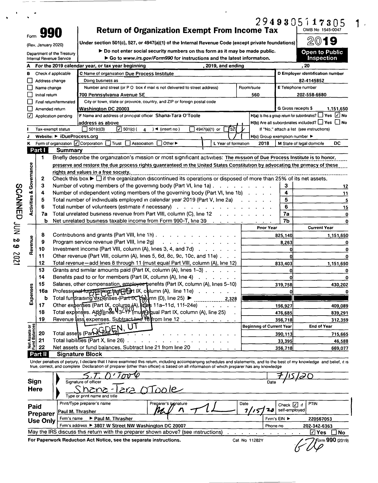 Image of first page of 2019 Form 990O for Due Process Institute