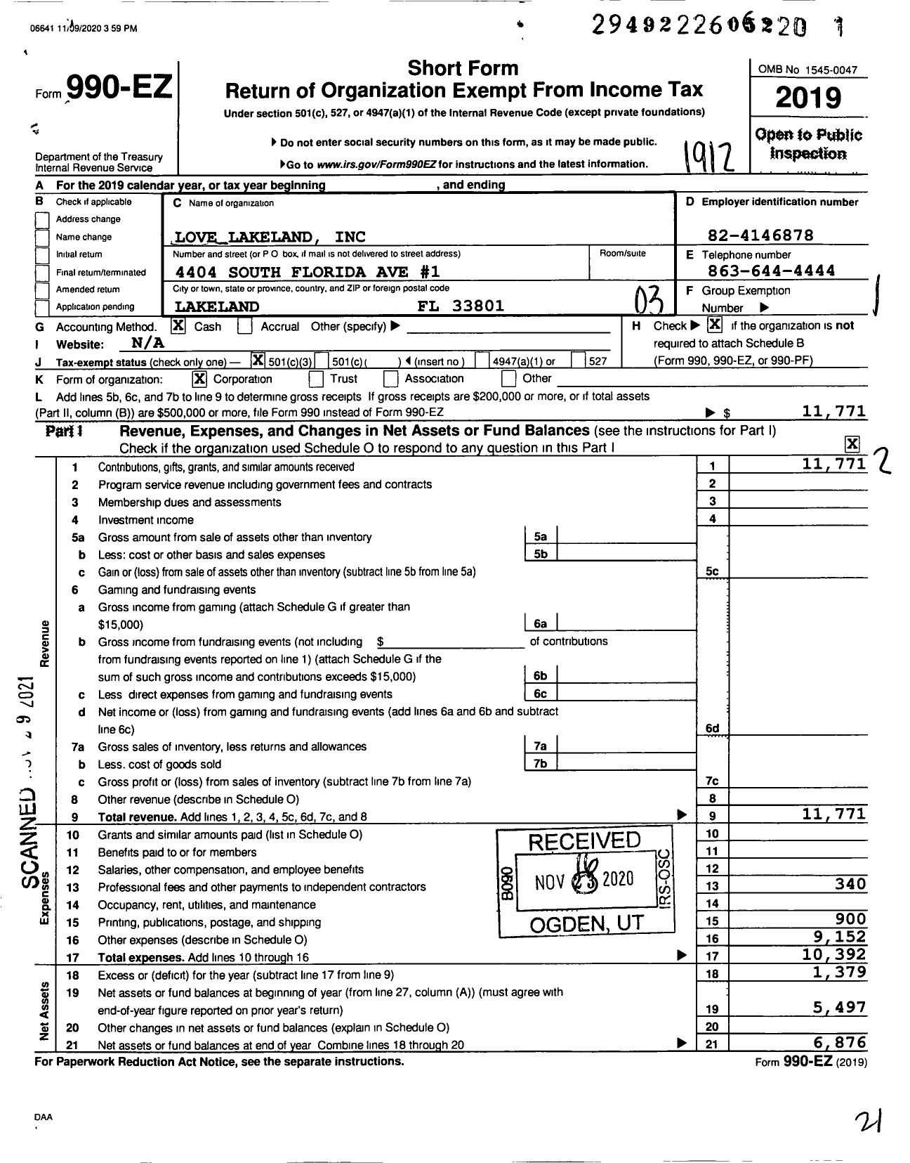 Image of first page of 2019 Form 990EZ for Love Lakeland