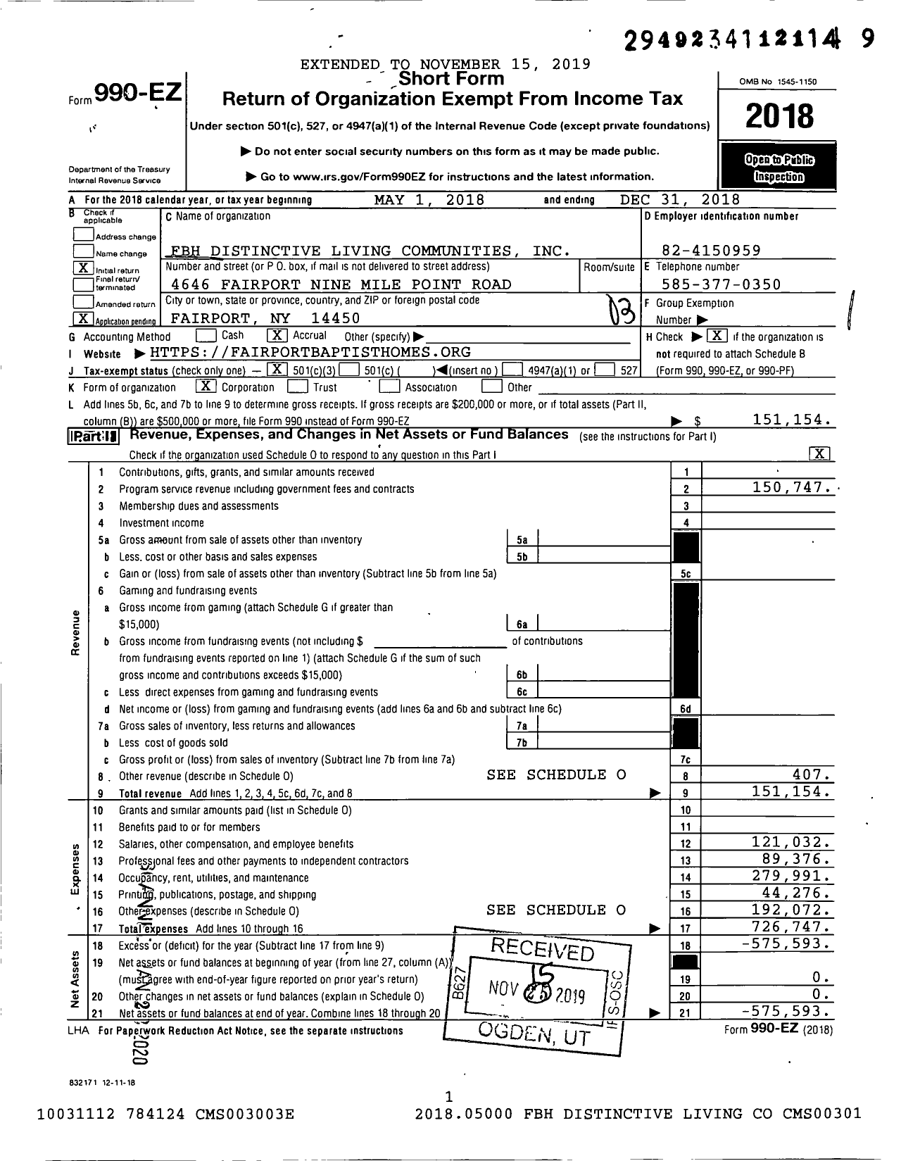 Image of first page of 2018 Form 990EZ for FBH Distinctive Living Communities