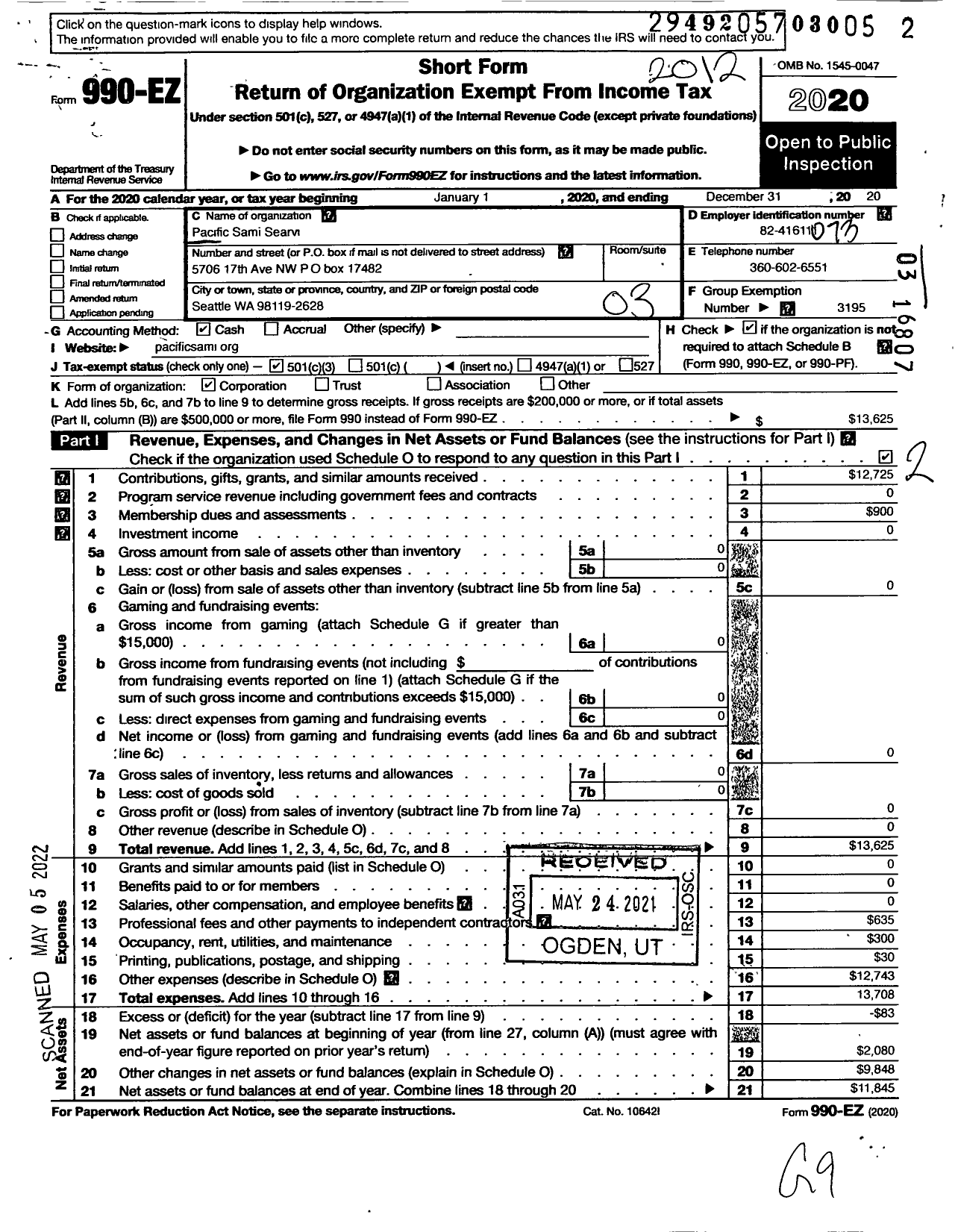 Image of first page of 2020 Form 990EZ for Pacific Sami Searvi