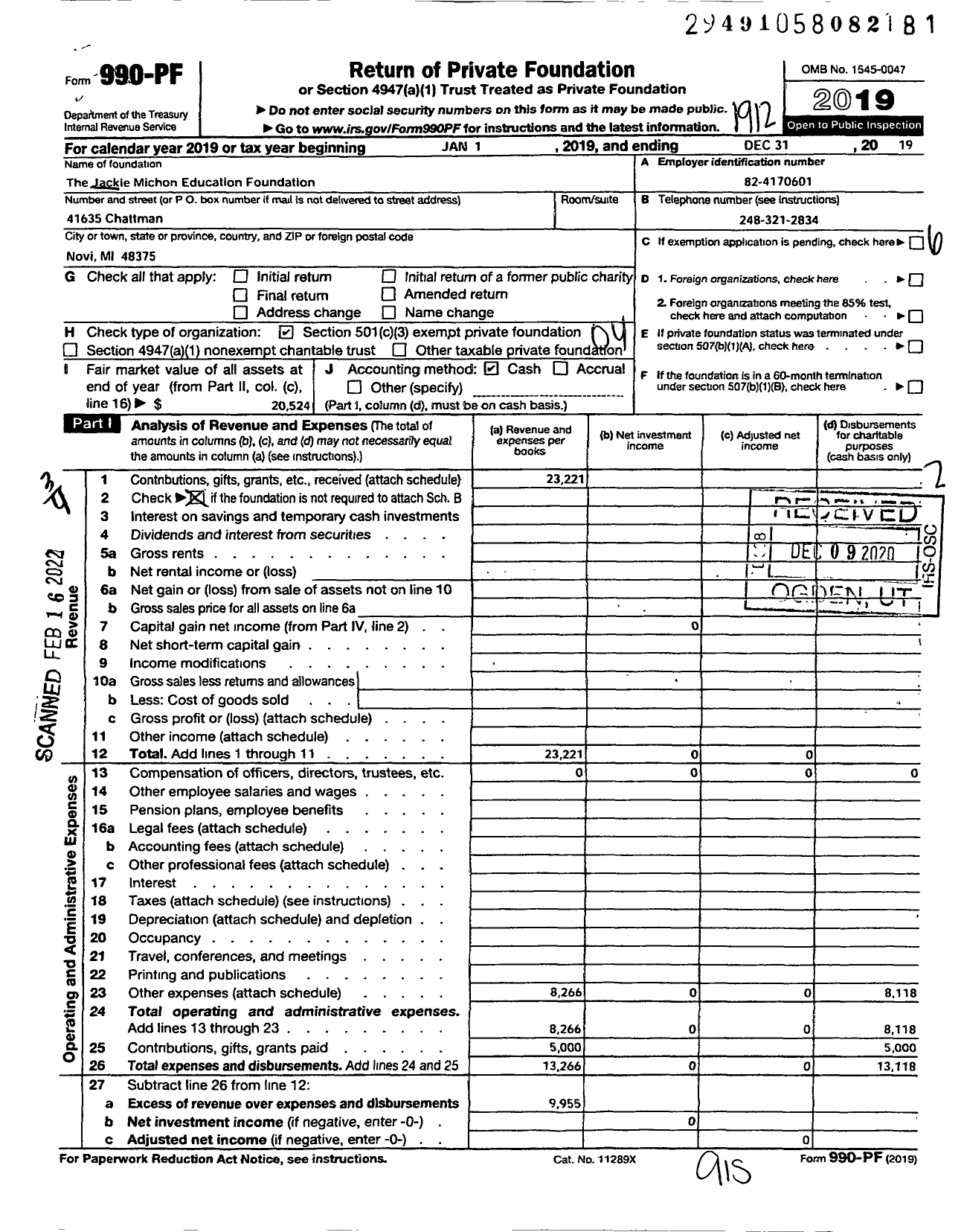 Image of first page of 2019 Form 990PF for Jackie Michon Educational Foundation