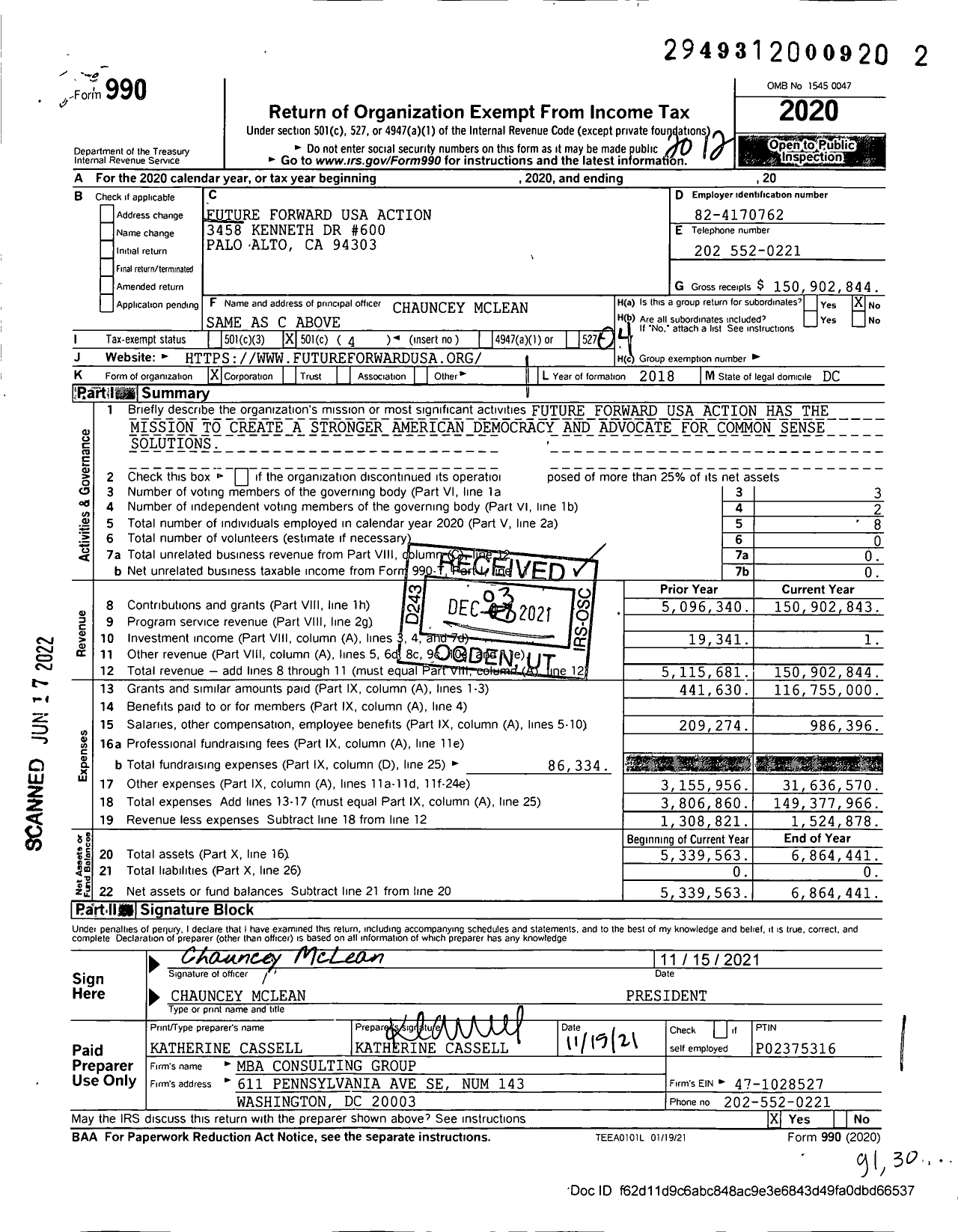 Image of first page of 2020 Form 990O for Future Forward USA Action