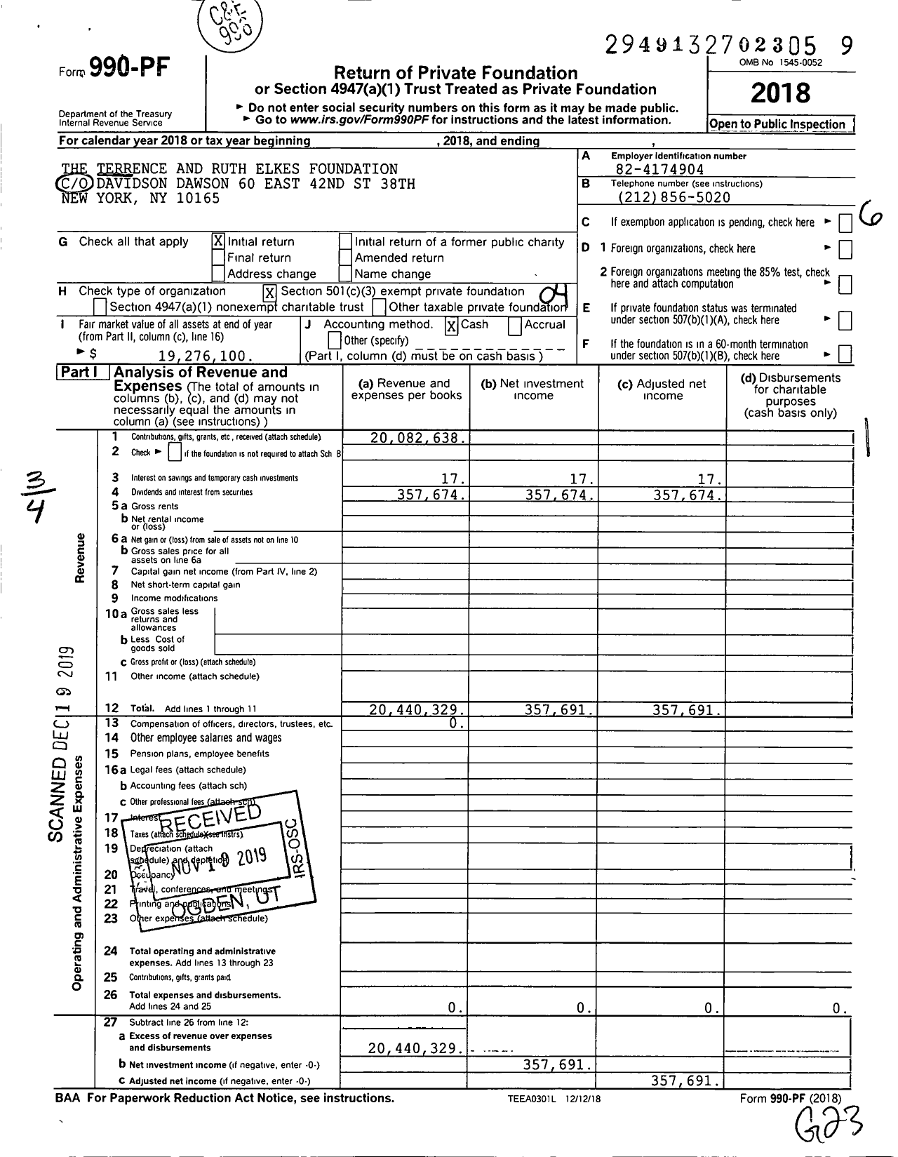 Image of first page of 2018 Form 990PF for The Terrence and Ruth Elkes Foundation