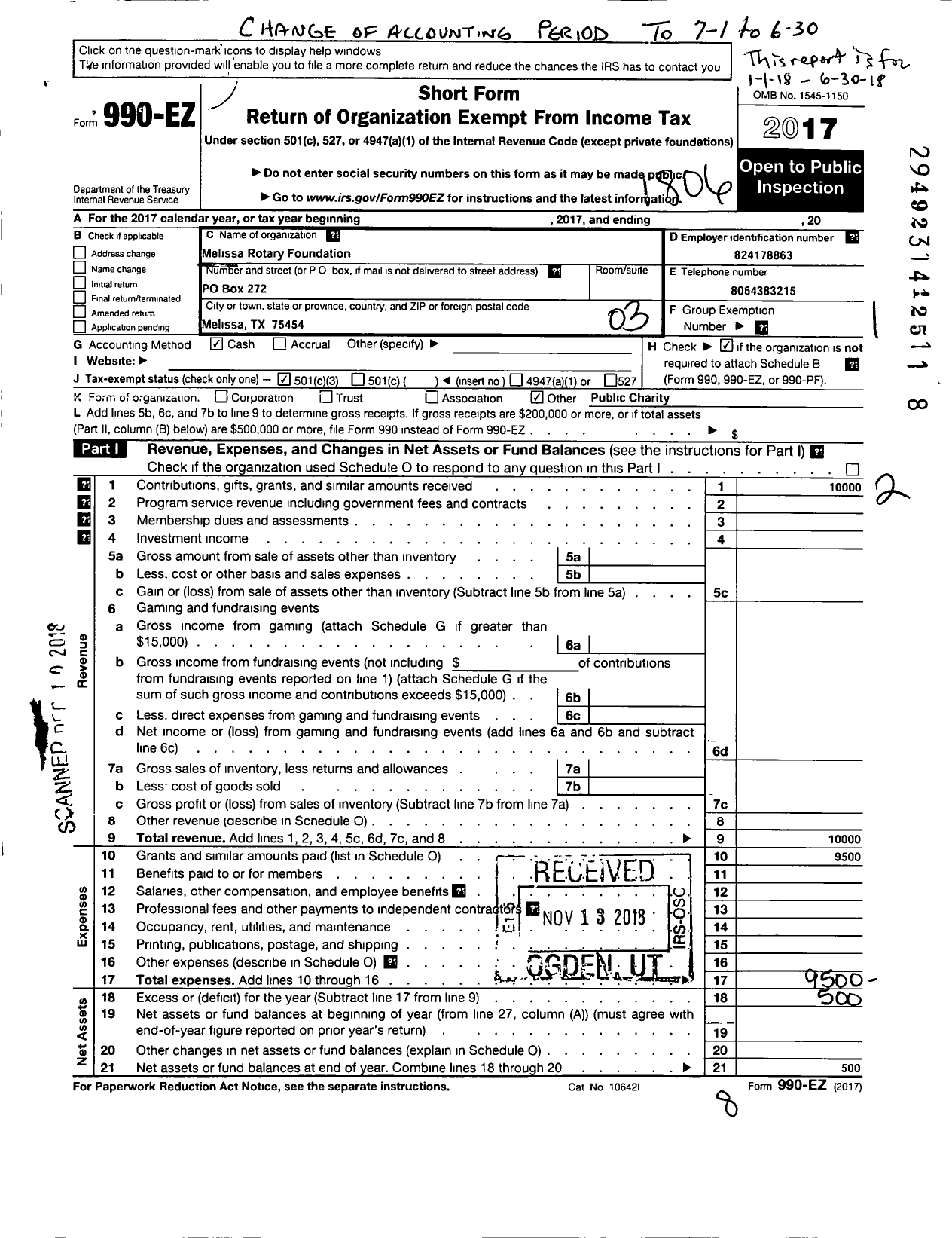 Image of first page of 2017 Form 990EZ for Melissa Rotary Foundation