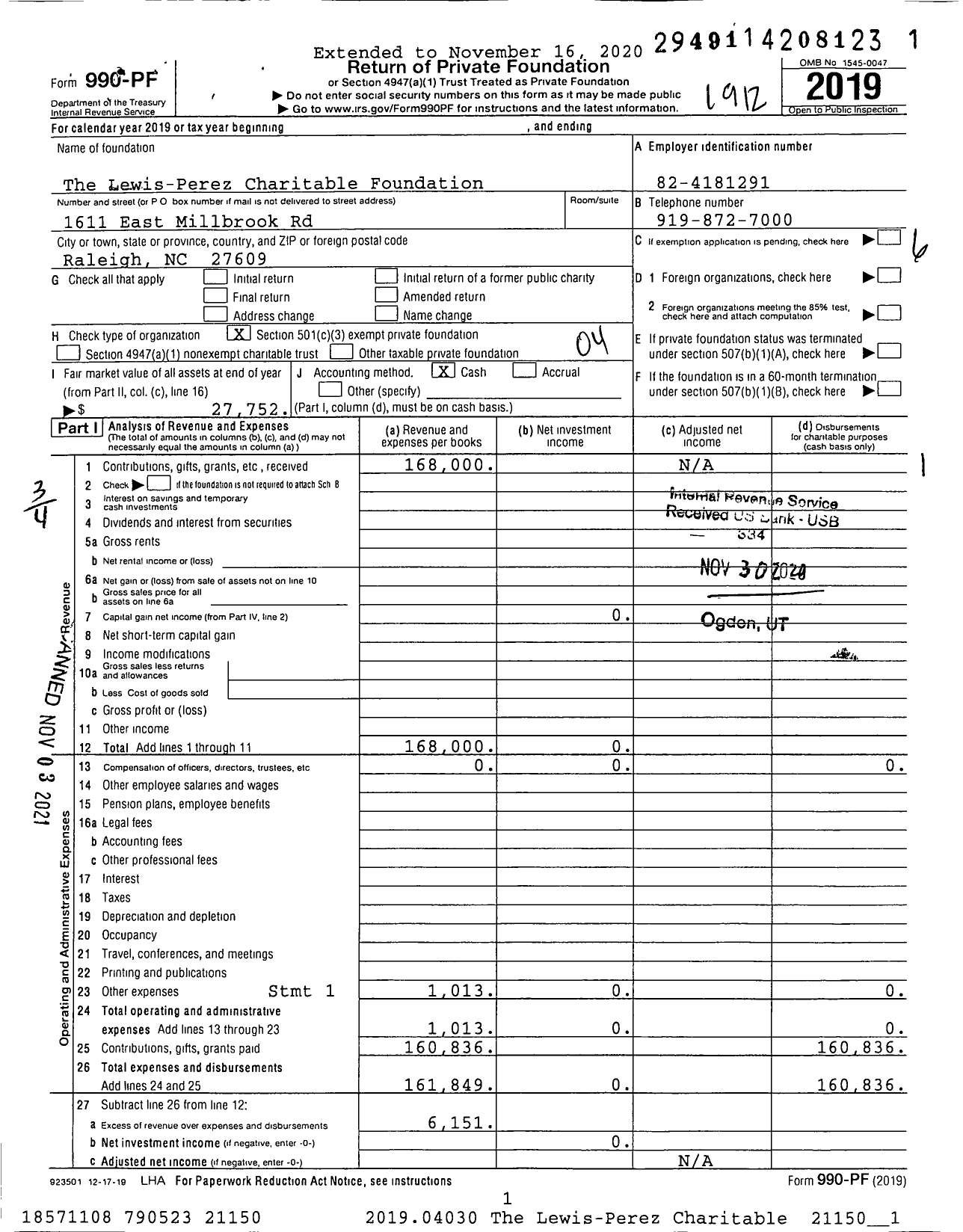 Image of first page of 2019 Form 990PF for The Lewis-Perez Charitable Foundation