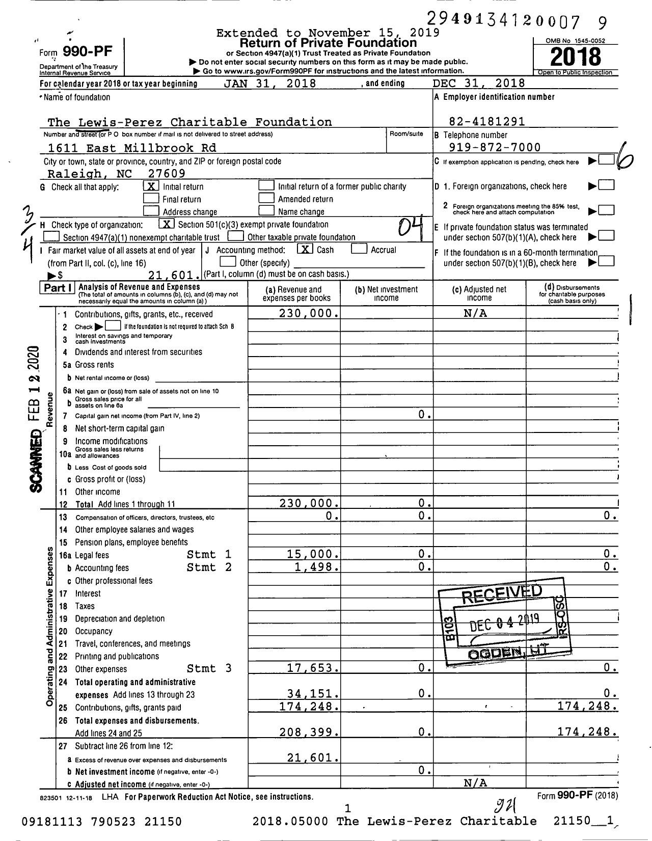 Image of first page of 2018 Form 990PF for The Lewis-Perez Charitable Foundation