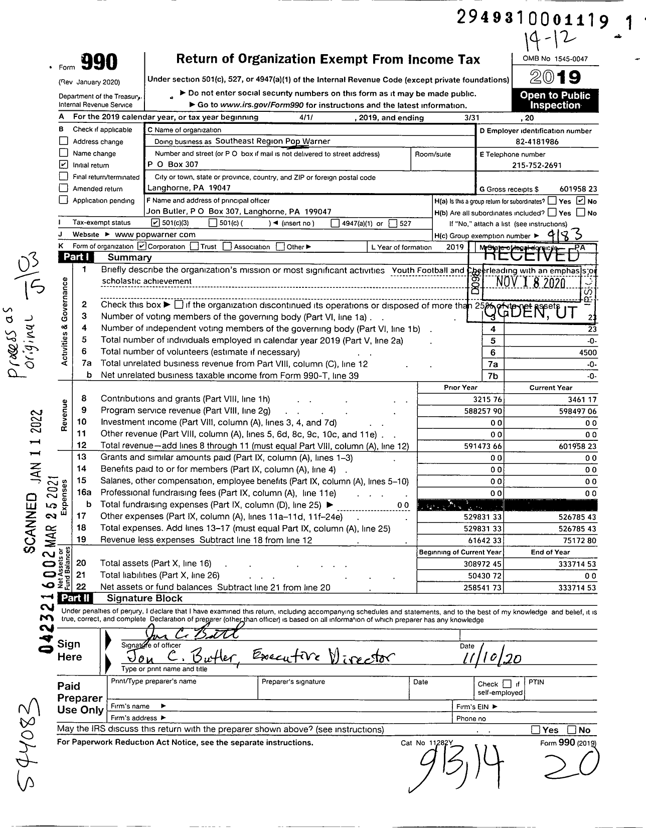 Image of first page of 2019 Form 990 for Southeast Region Pop Warner