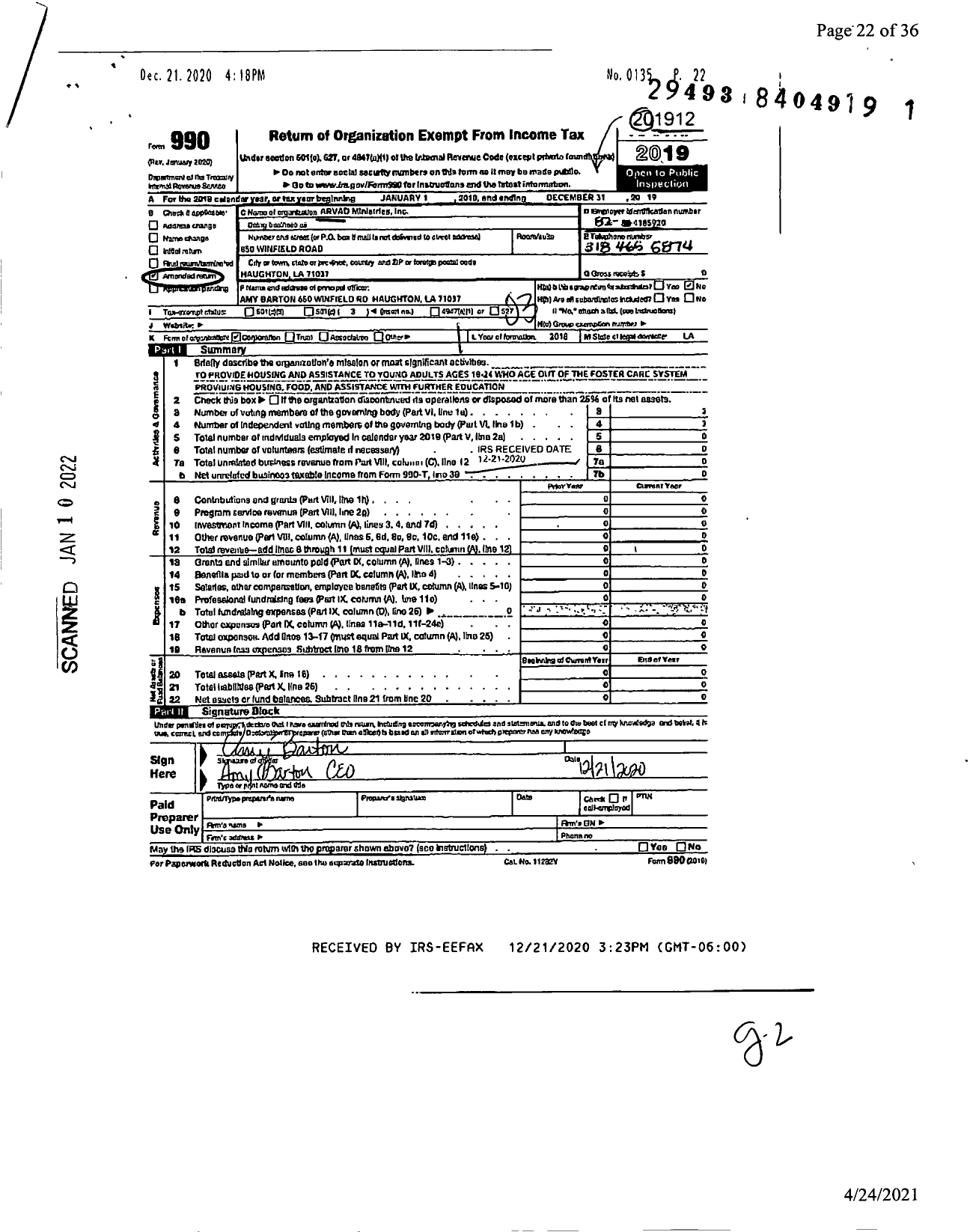 Image of first page of 2019 Form 990 for Arvad Ministries Incorporated