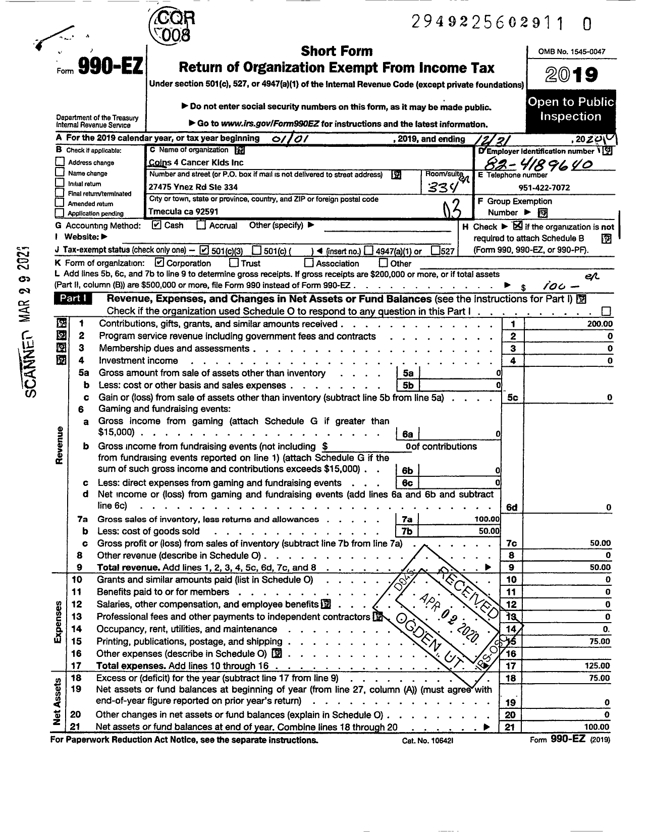 Image of first page of 2019 Form 990EZ for Coins 4 Cancer Kids