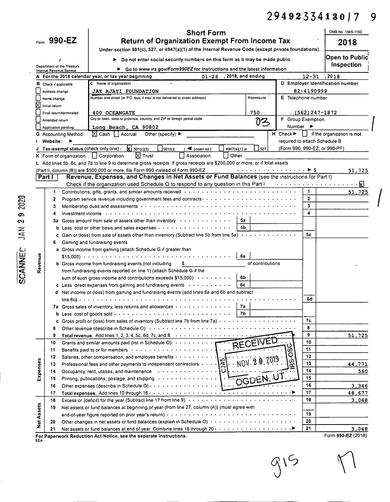 Image of first page of 2018 Form 990EZ for Jay Ajayi Foundation