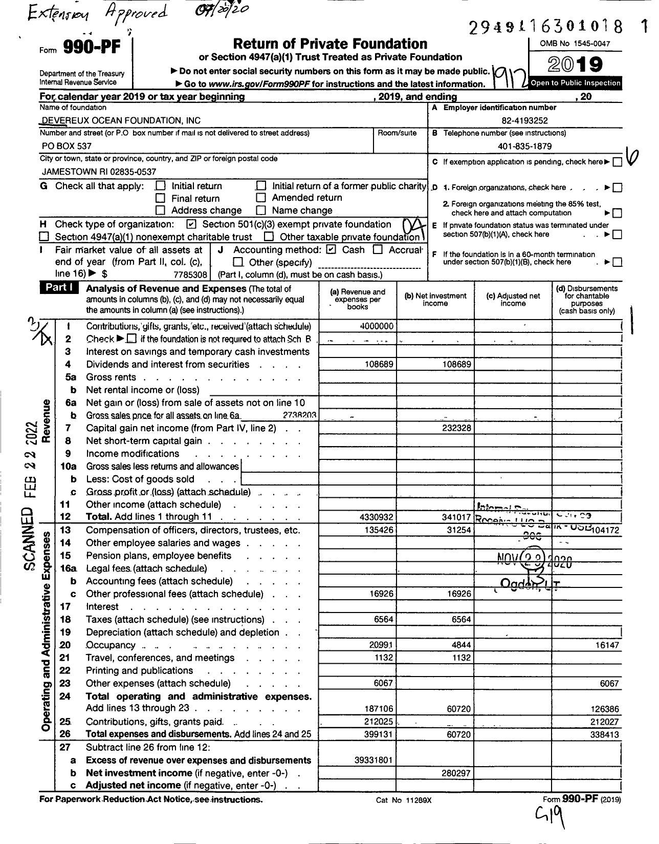 Image of first page of 2019 Form 990PF for Devereux Ocean Foundation