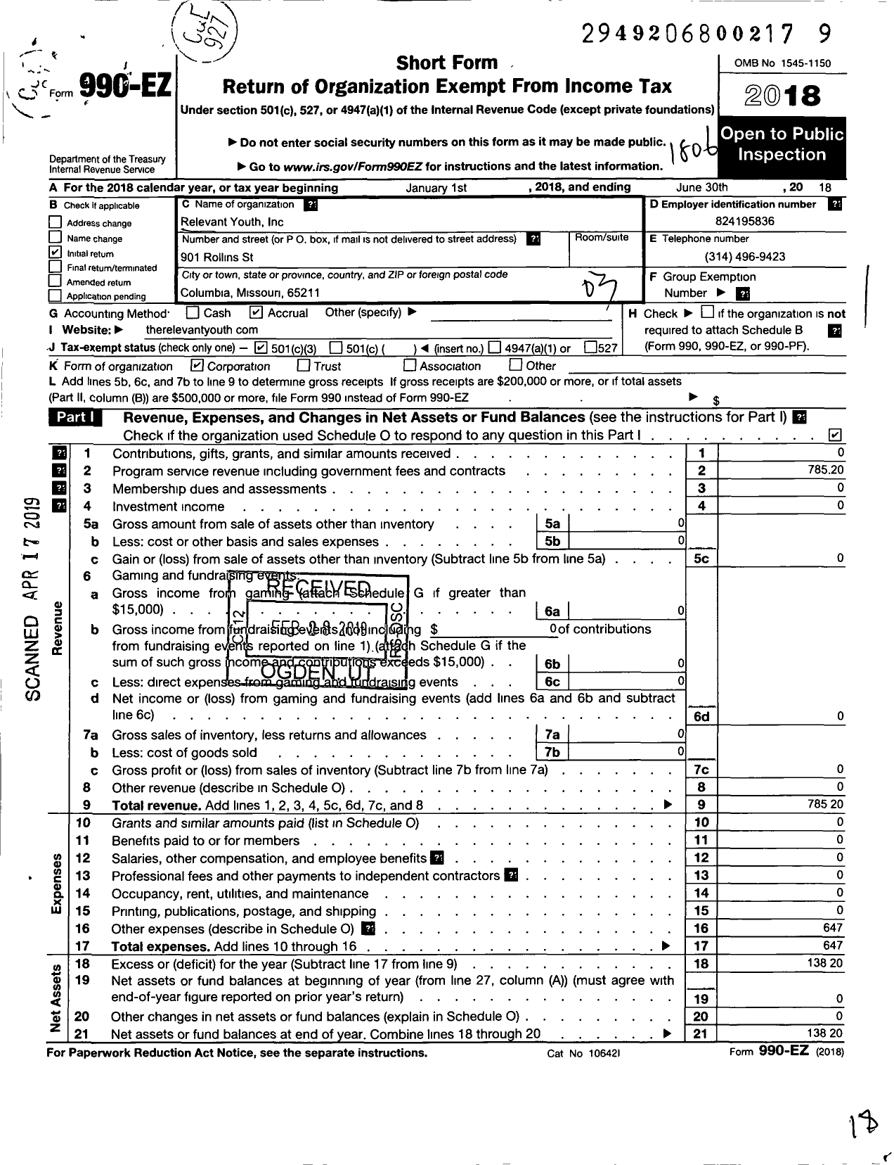 Image of first page of 2017 Form 990EZ for Relevant Youth