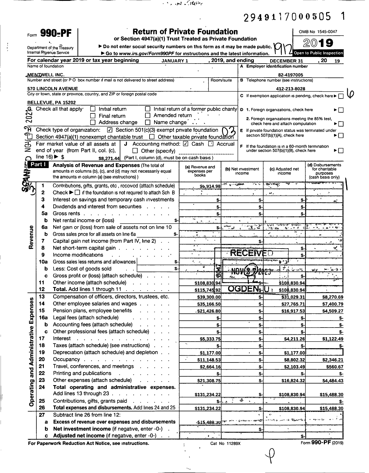 Image of first page of 2019 Form 990PF for Mentwell