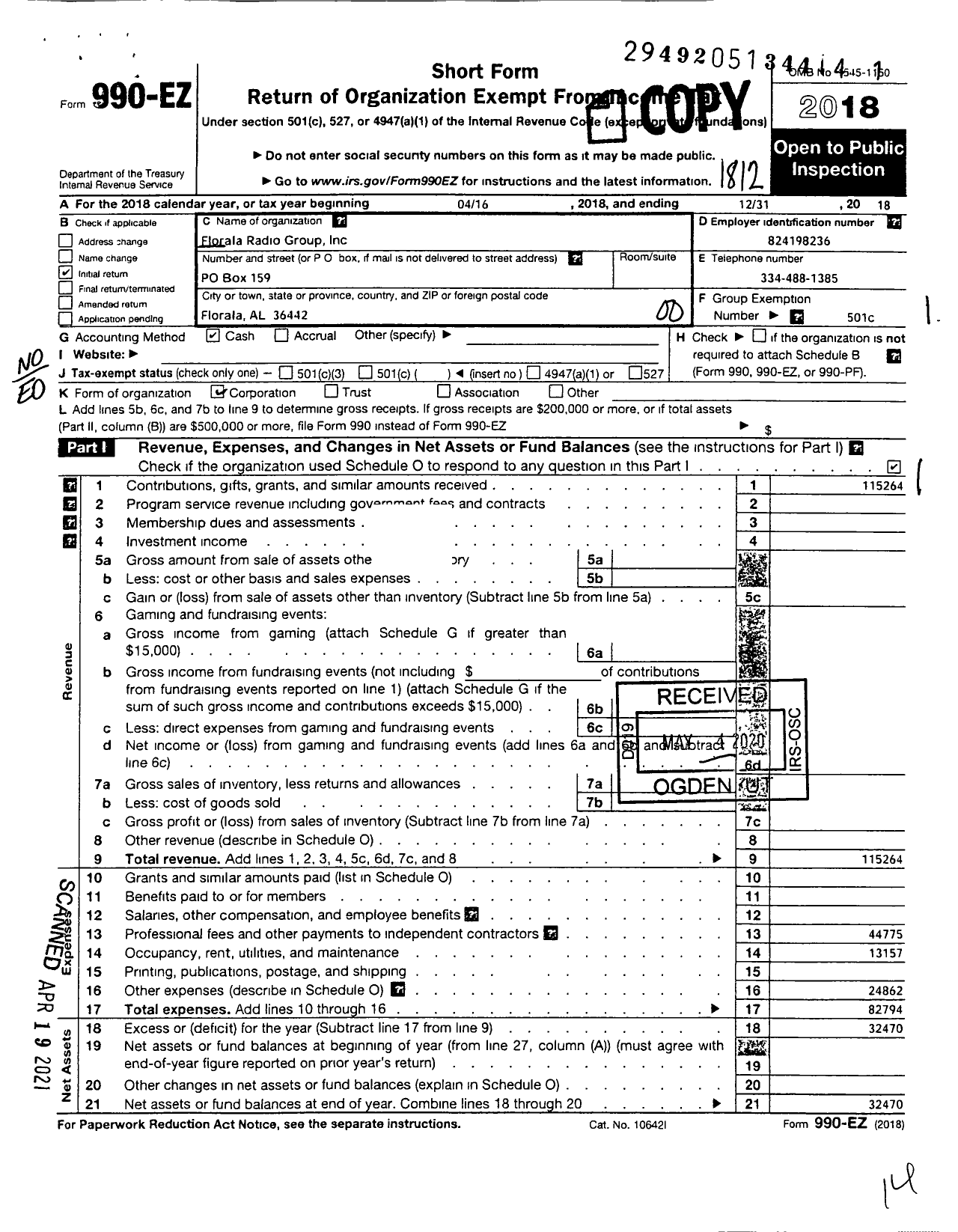 Image of first page of 2018 Form 990EO for Florala Radio Group