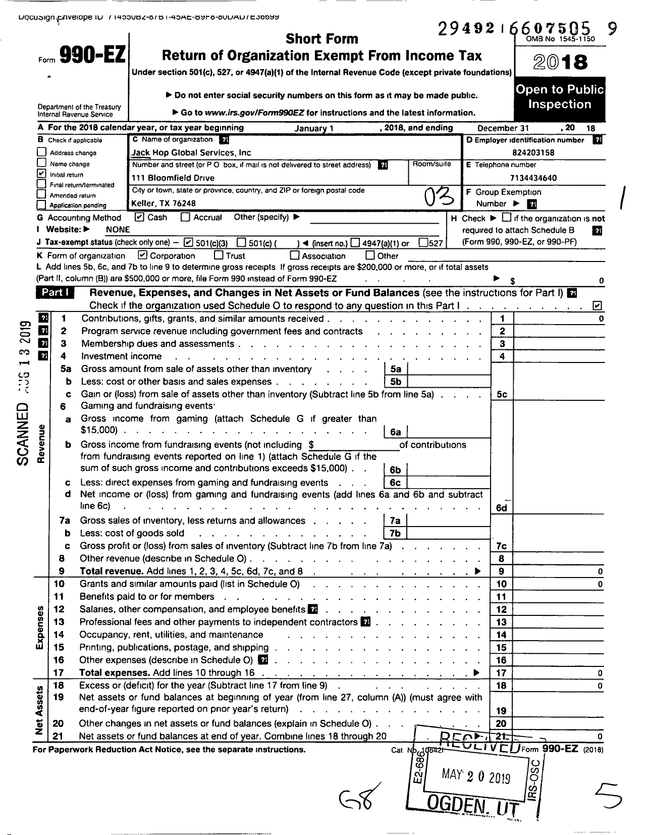 Image of first page of 2018 Form 990EZ for Jack Hop Global Services