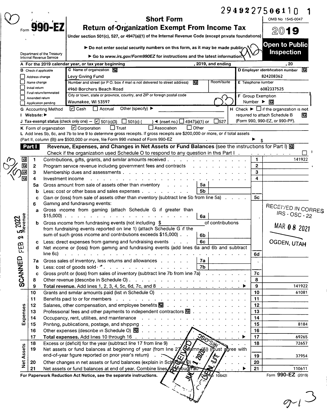 Image of first page of 2019 Form 990EZ for Levy Giving Fund