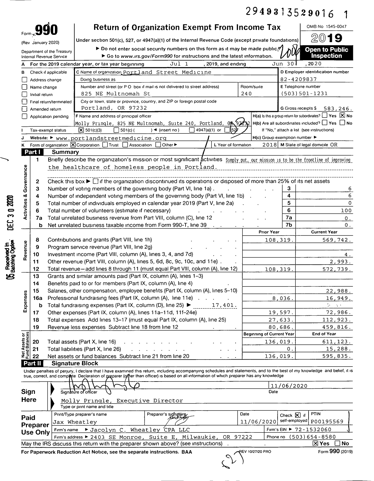 Image of first page of 2019 Form 990 for Portland Street Medicine