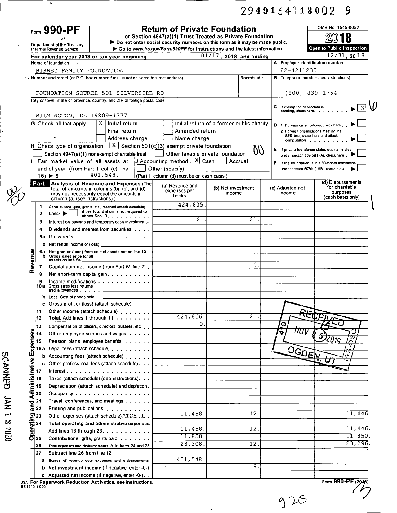 Image of first page of 2018 Form 990PF for Birney Family Foundation