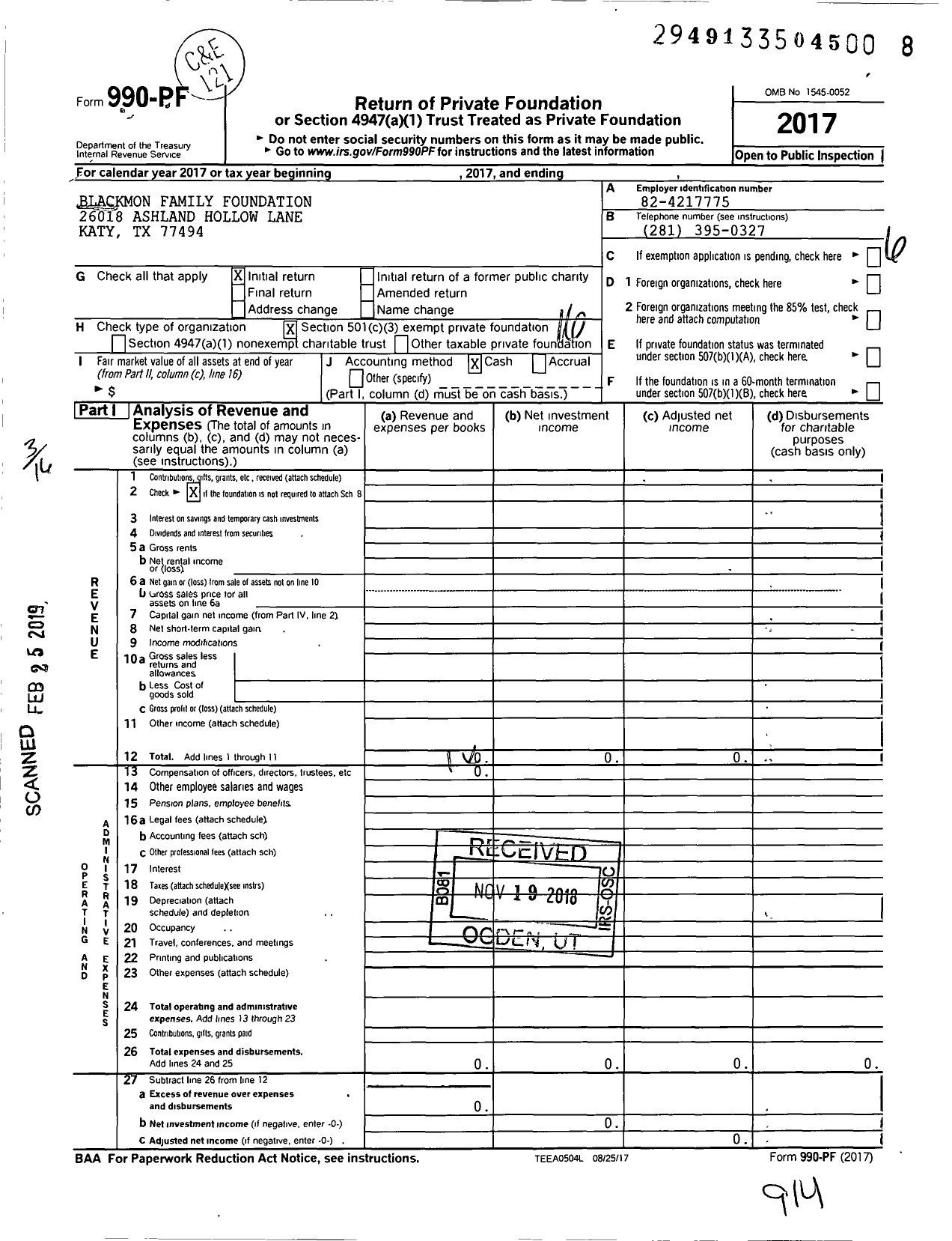 Image of first page of 2017 Form 990PF for Blackmon Family Foundation