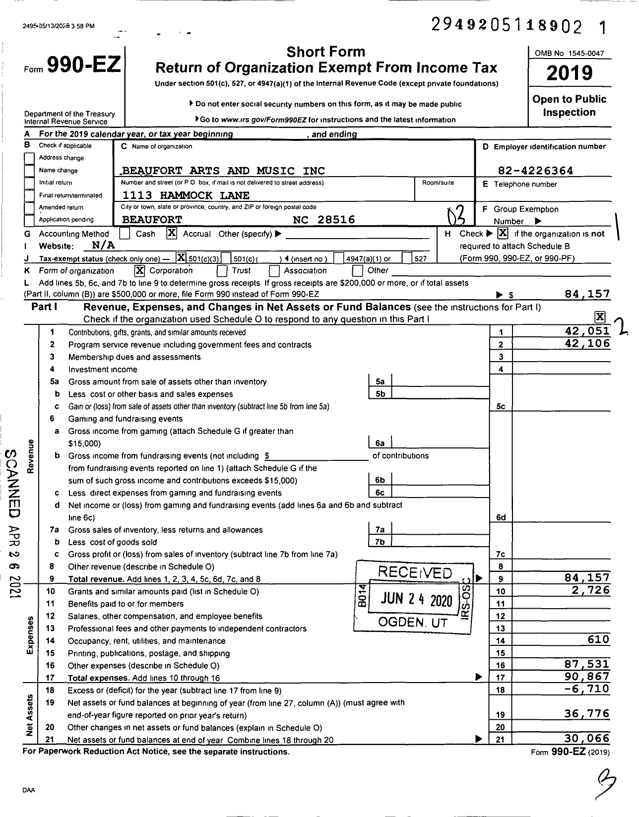 Image of first page of 2019 Form 990EZ for Beaufort Arts and Music