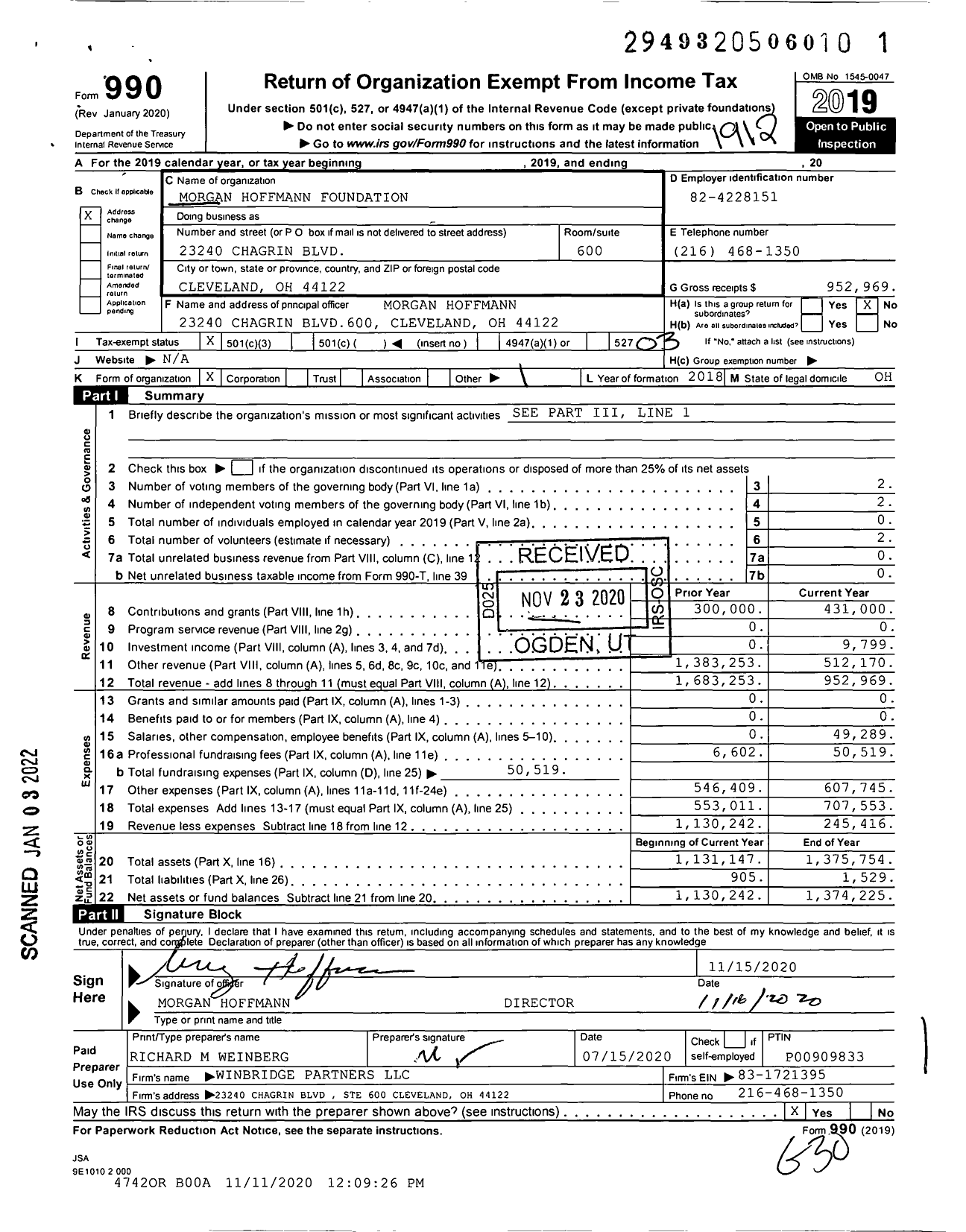 Image of first page of 2019 Form 990 for Morgan Hoffmann Foundation