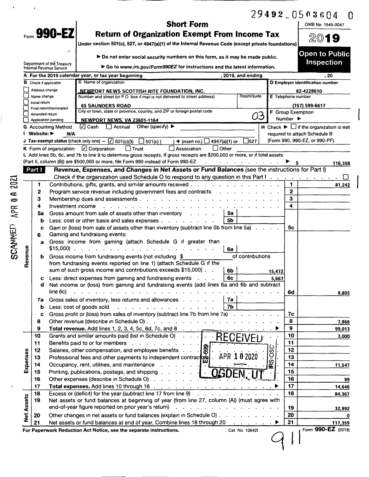 Image of first page of 2019 Form 990EZ for Newport News Scottish Rite Foundation