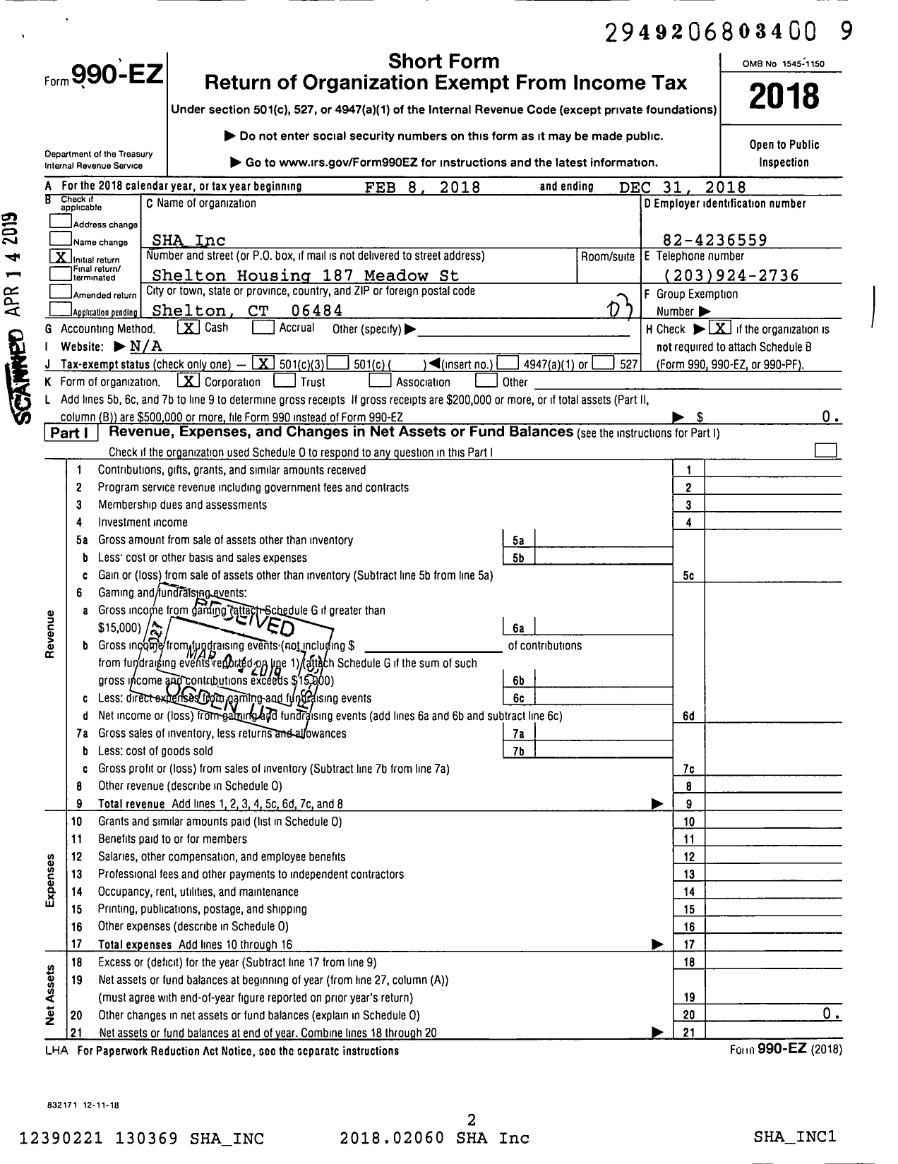 Image of first page of 2018 Form 990EZ for Sha