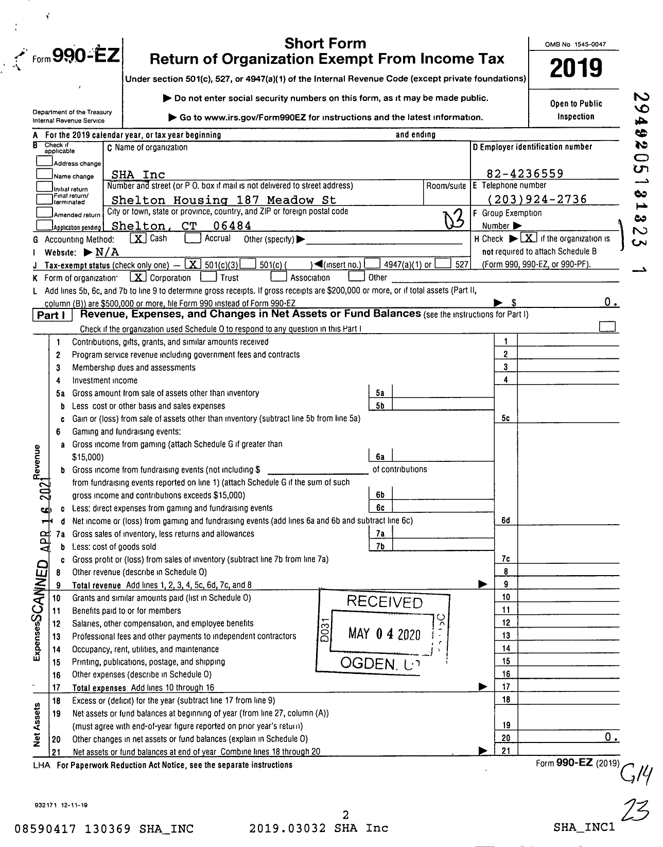 Image of first page of 2019 Form 990EZ for Sha