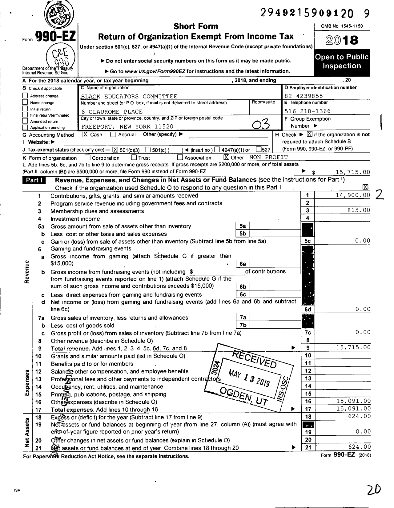 Image of first page of 2018 Form 990EZ for Black Educators Committee