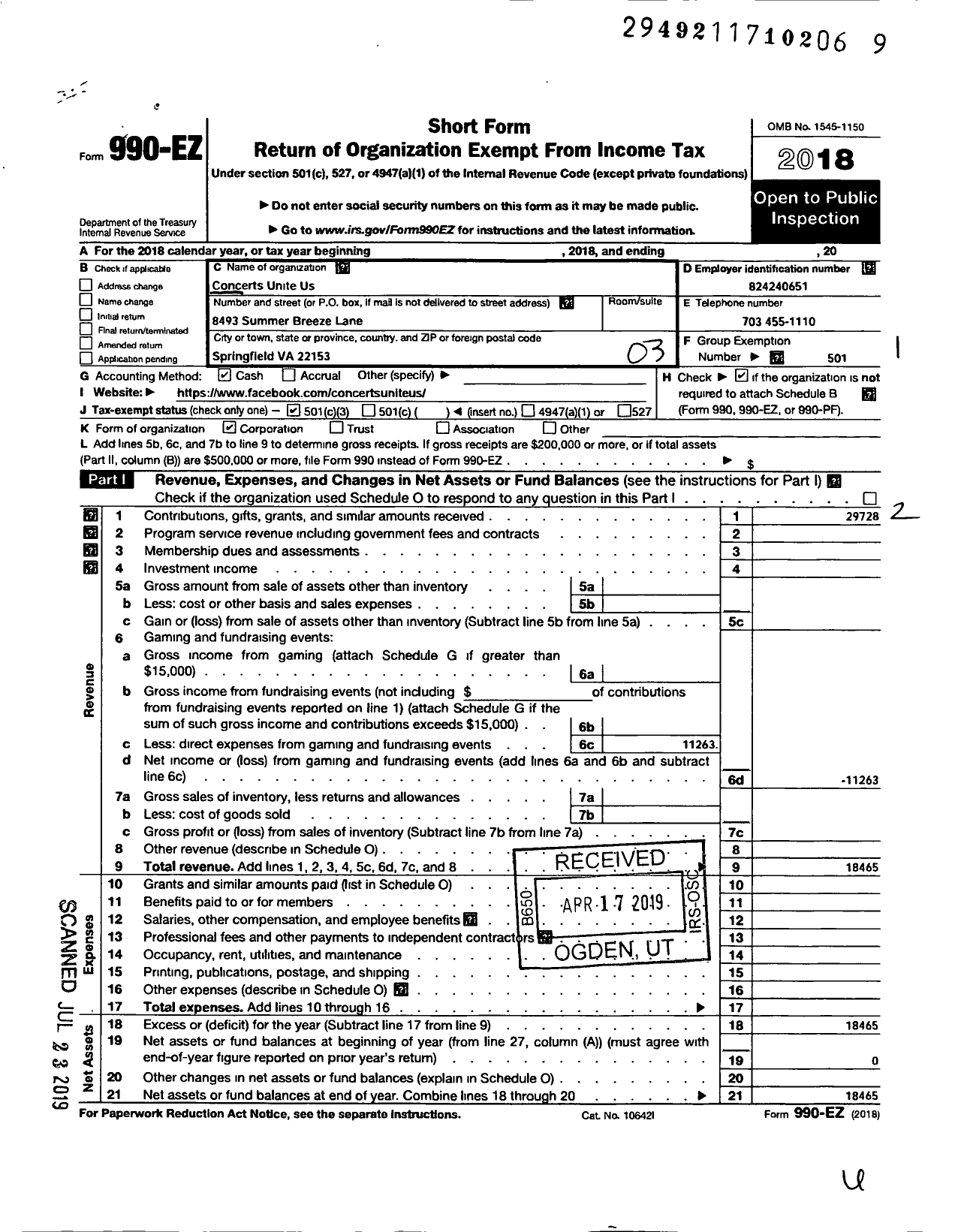 Image of first page of 2018 Form 990EZ for Concerts Unite Us