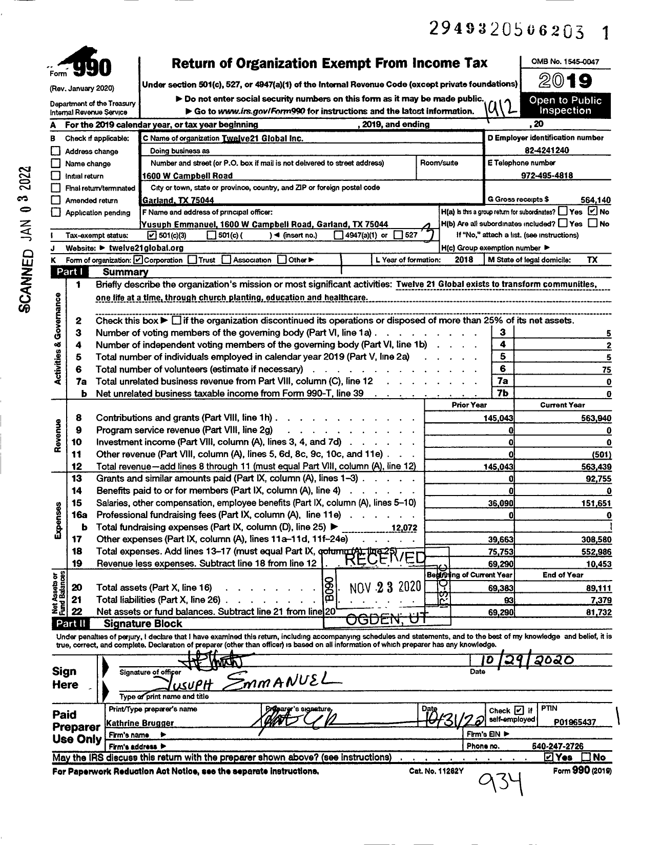 Image of first page of 2019 Form 990 for Twelve21 Global