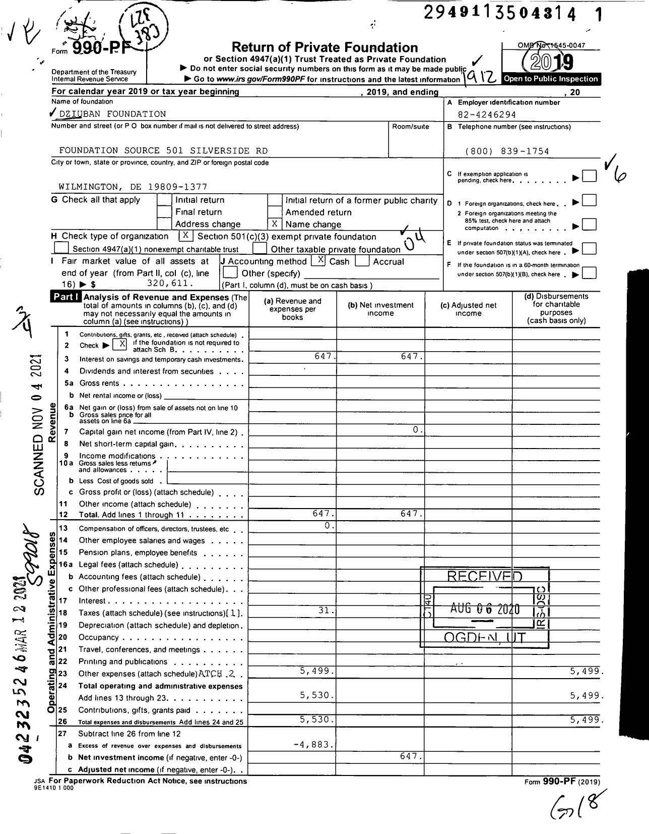 Image of first page of 2019 Form 990PF for Dziuban Foundation