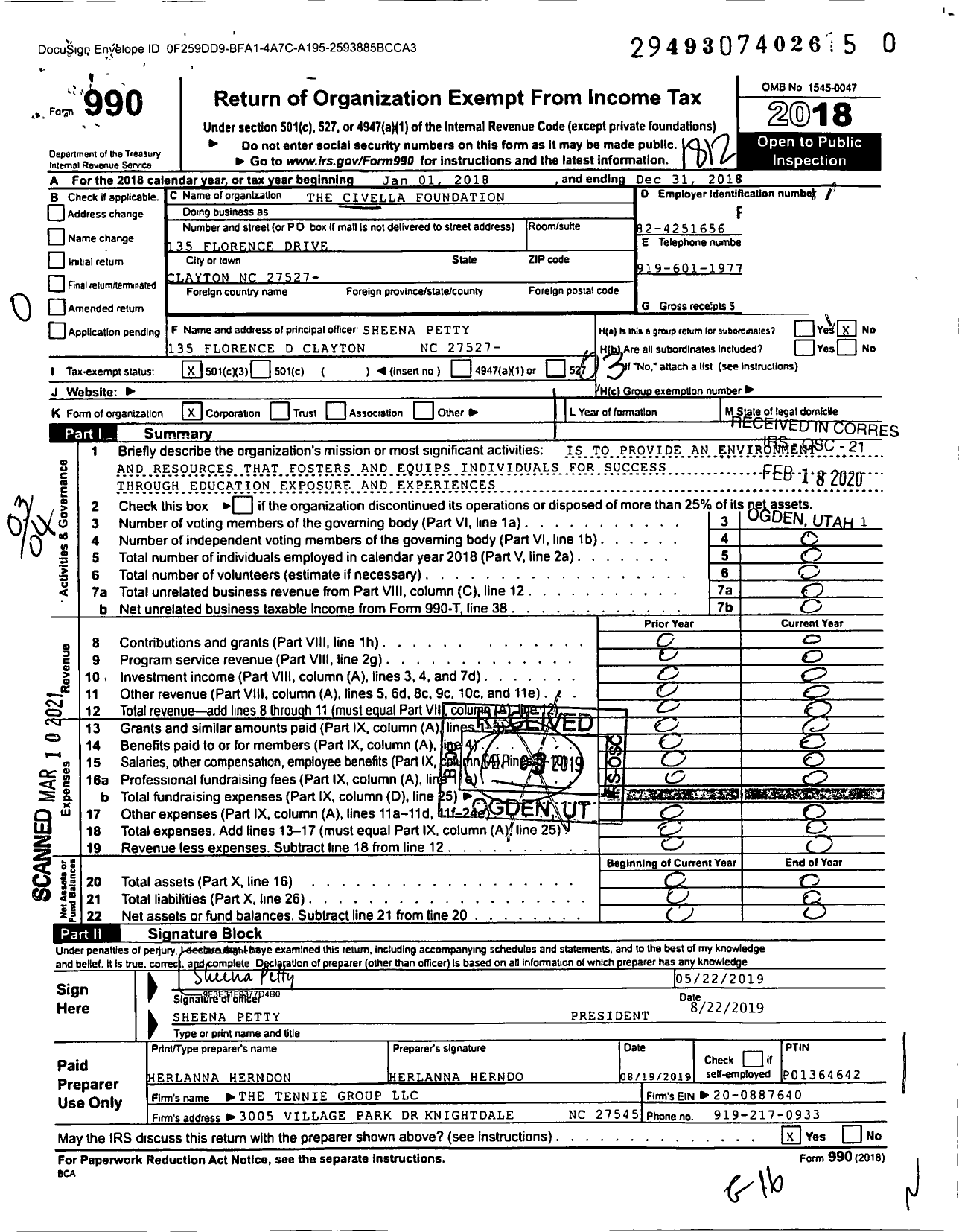 Image of first page of 2018 Form 990 for Civella Foundation